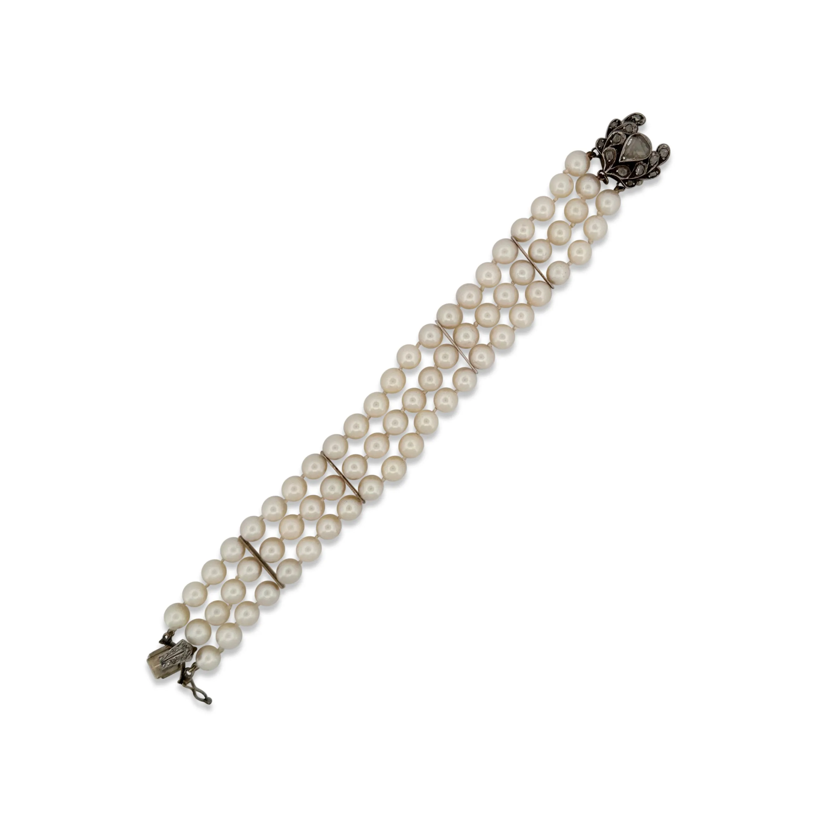 Vintage Cultured Pearl and Rose-Cut Diamond 3-Strand Bracelet in 14k White Gold