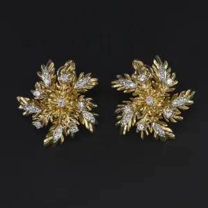 VINTAGE DIAMOND 18k EARRINGS 0.88c F-G VS YELLOW GOLD LEAF HANDMADE STUD NATURAL