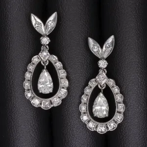 VINTAGE DIAMOND DANGLE EARRINGS MID CENTURY PEAR SHAPE DROP HALO 14k WHITE GOLD