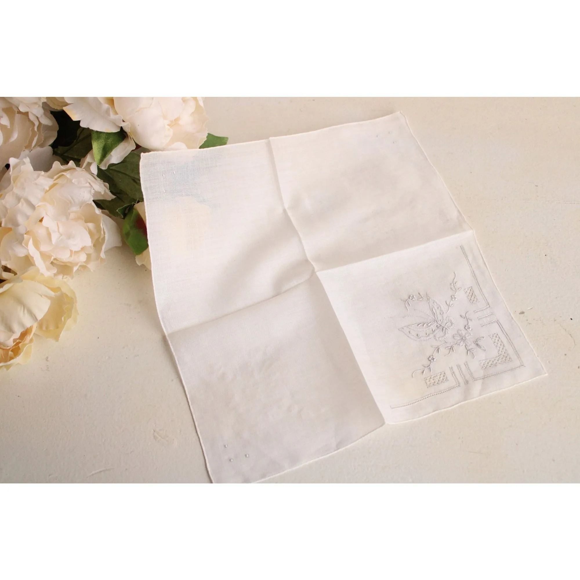 Vintage Embroidered Gray Butterfly And White Linen Handkerchief