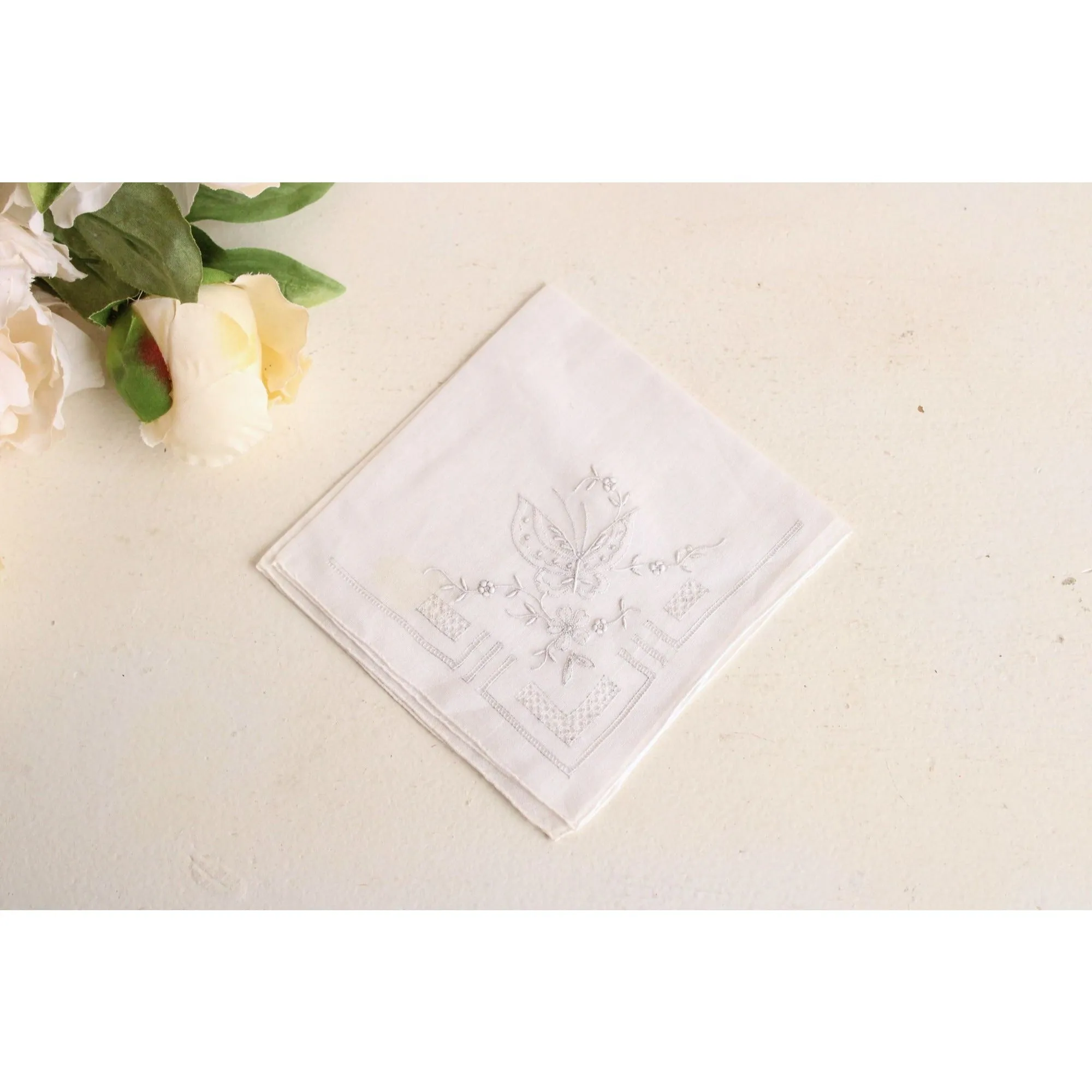 Vintage Embroidered Gray Butterfly And White Linen Handkerchief