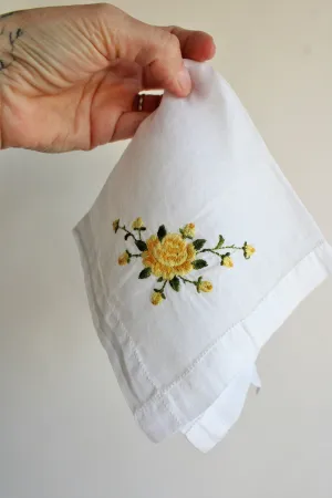 Vintage Embroidered Handkerchief with Yellow Roses