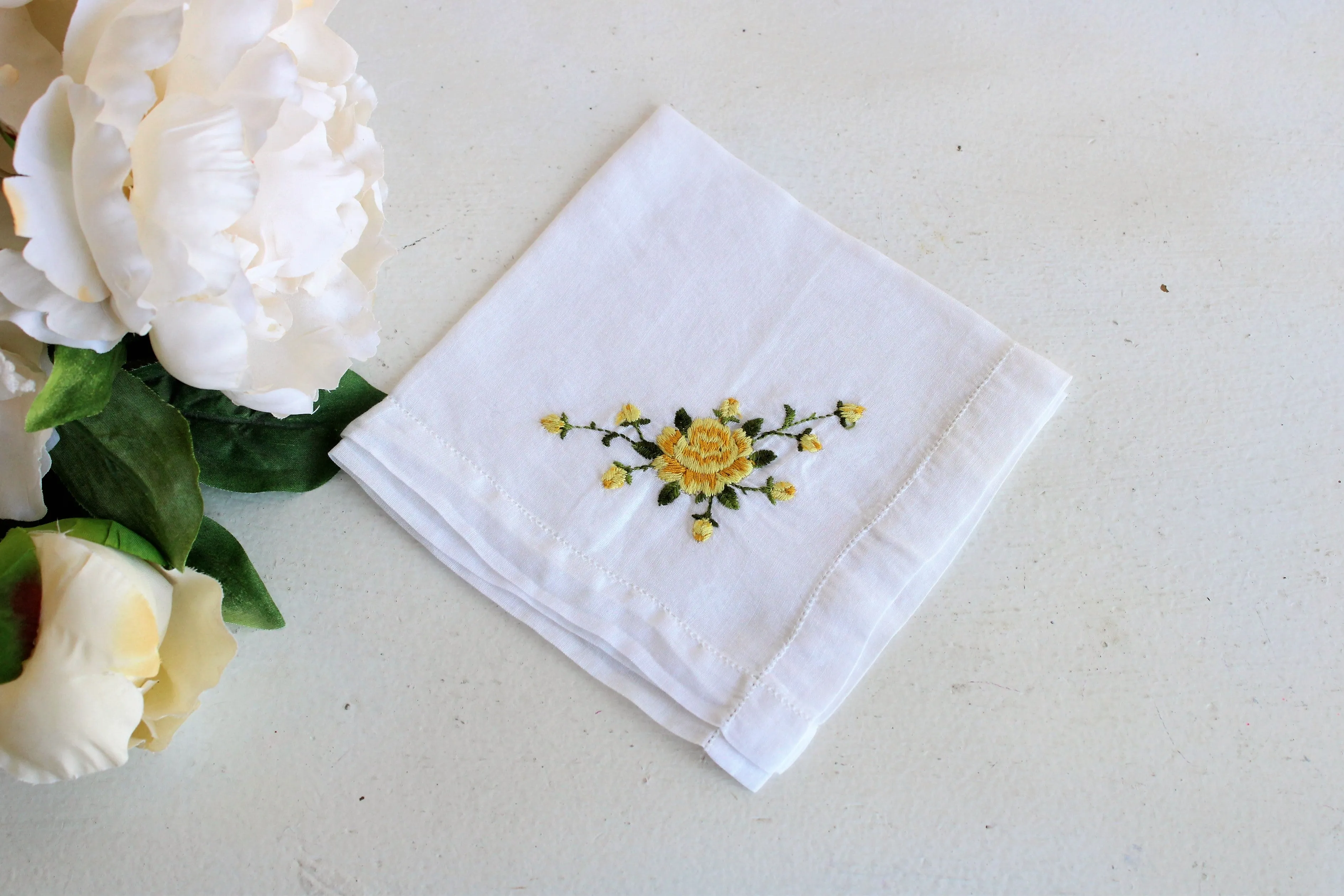 Vintage Embroidered Handkerchief with Yellow Roses