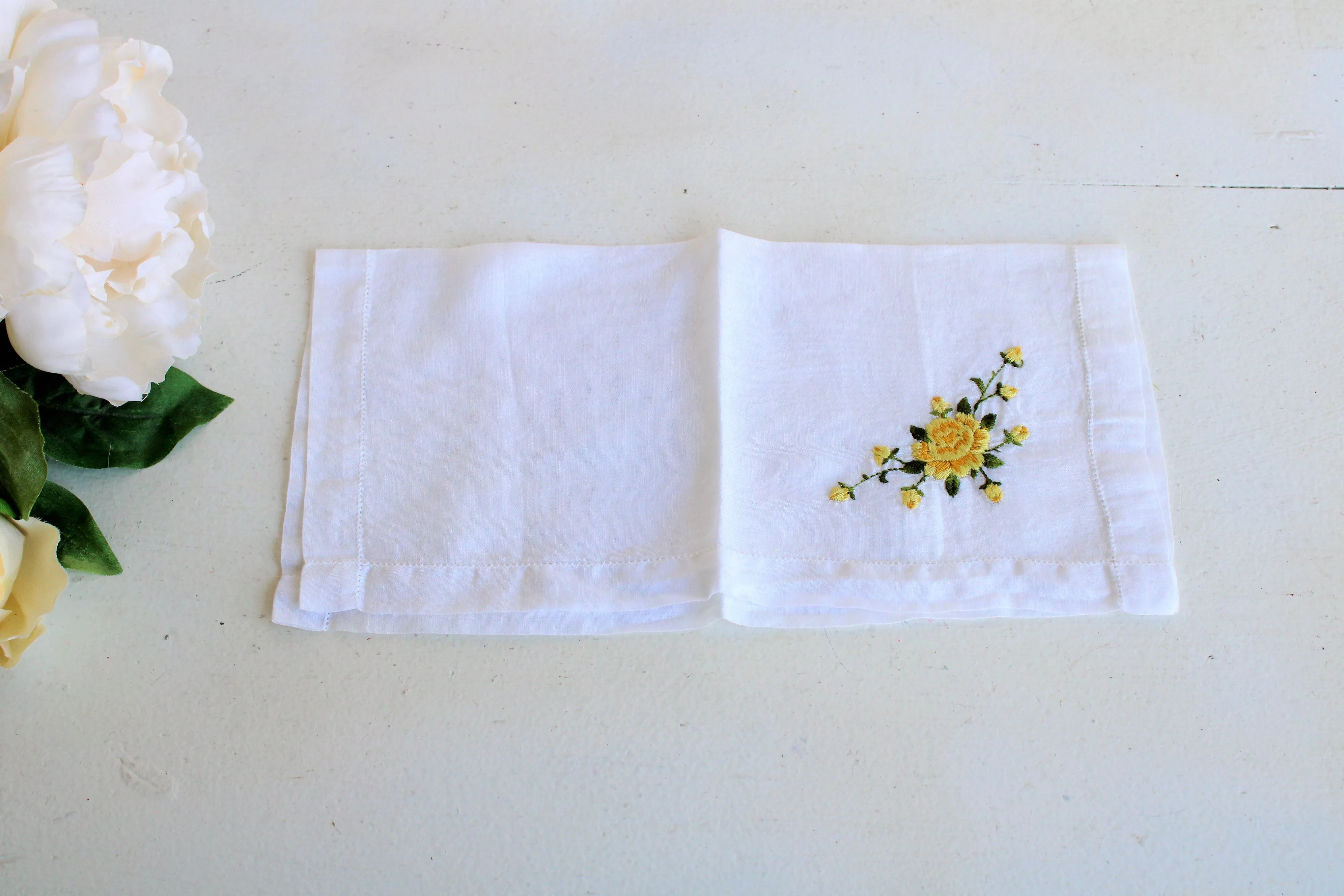 Vintage Embroidered Handkerchief with Yellow Roses