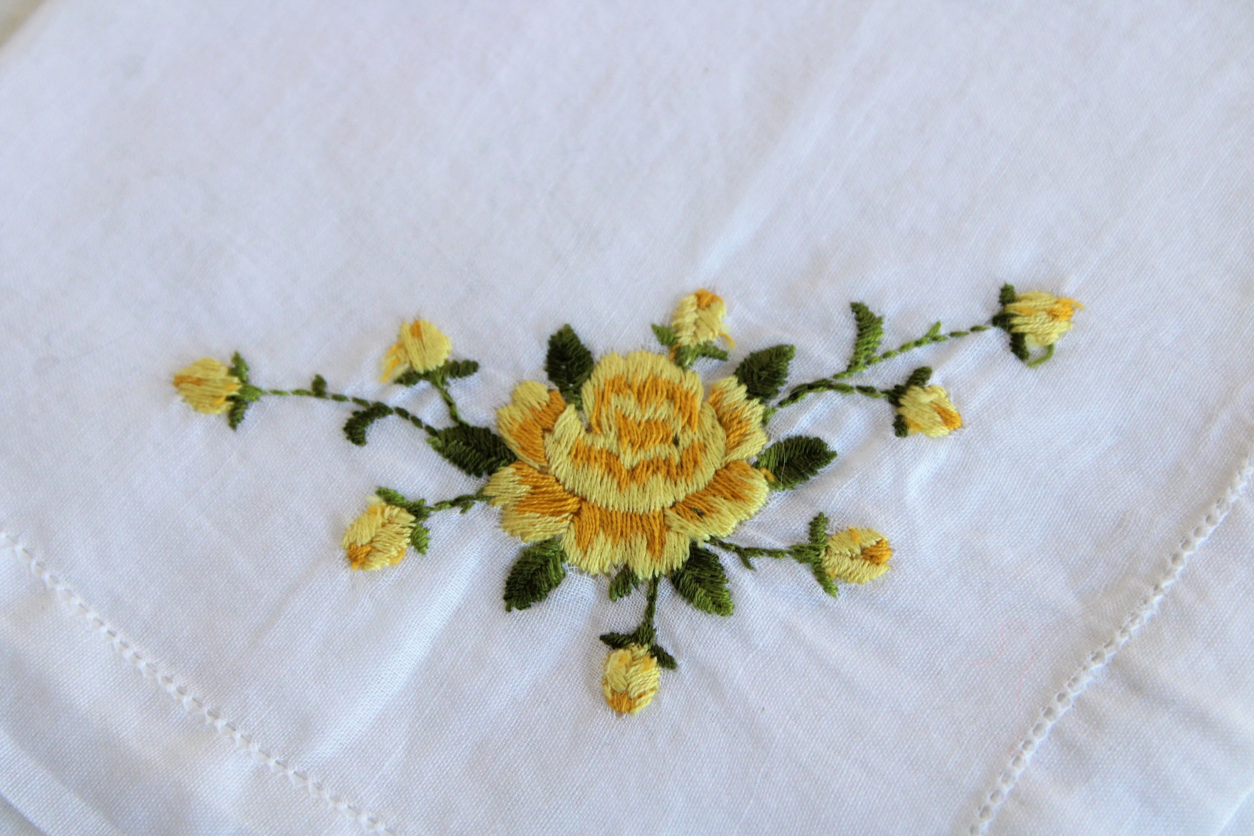 Vintage Embroidered Handkerchief with Yellow Roses