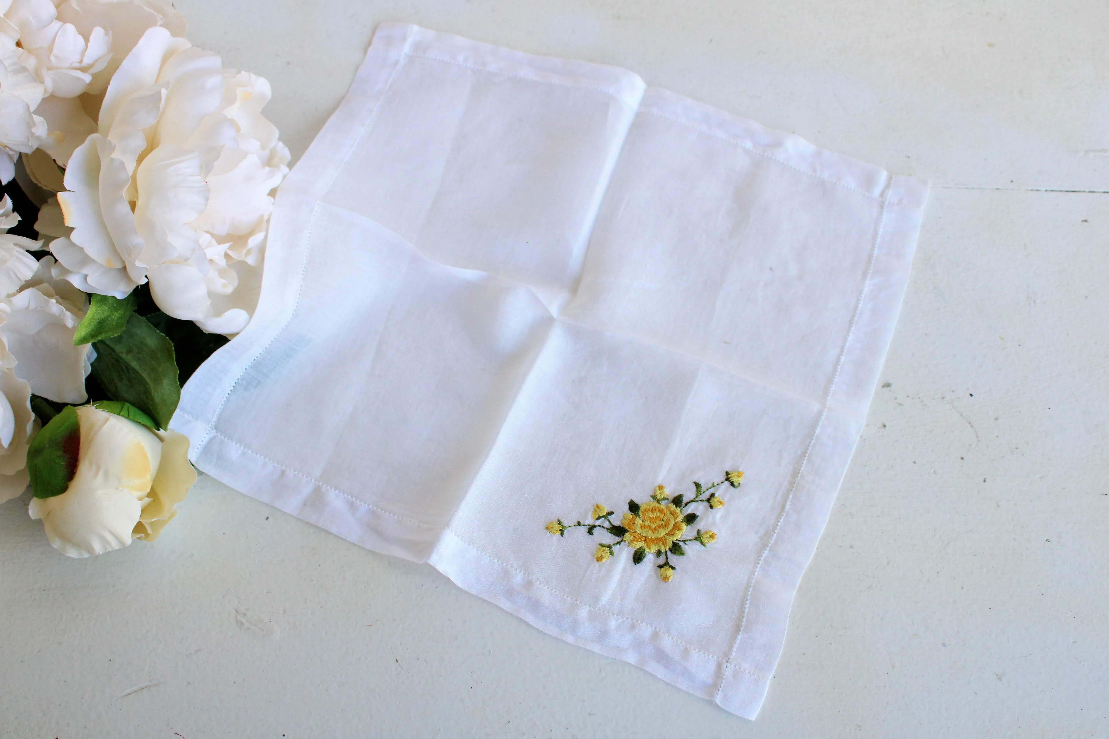 Vintage Embroidered Handkerchief with Yellow Roses