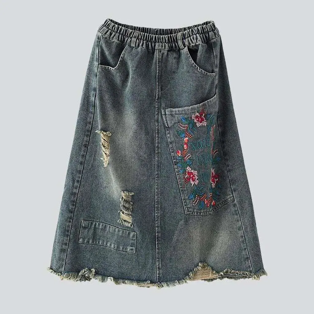 Vintage embroidered long jeans skirt