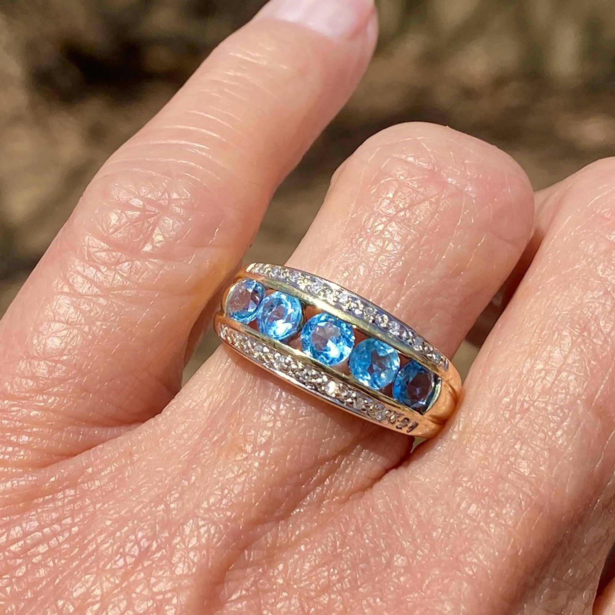 Vintage Five Stone Blue Topaz Diamond Ring Band