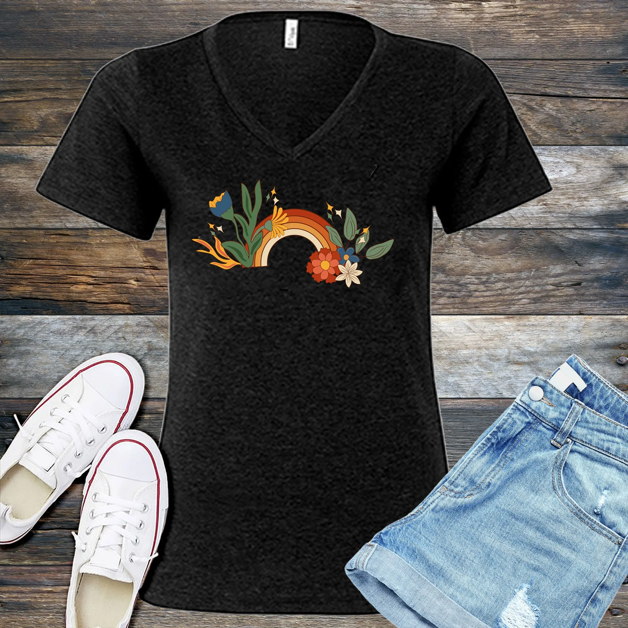 Vintage Floral Rainbow V-Neck