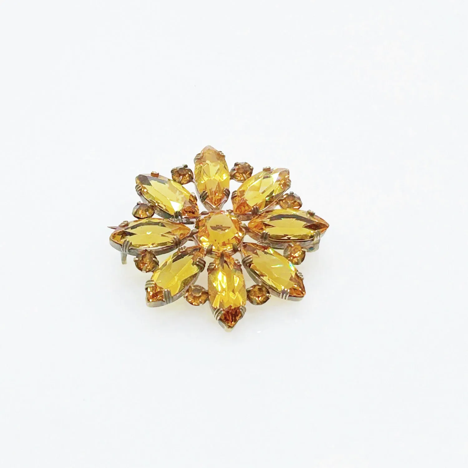 Vintage Flower Brooch with Clear Gold Stones