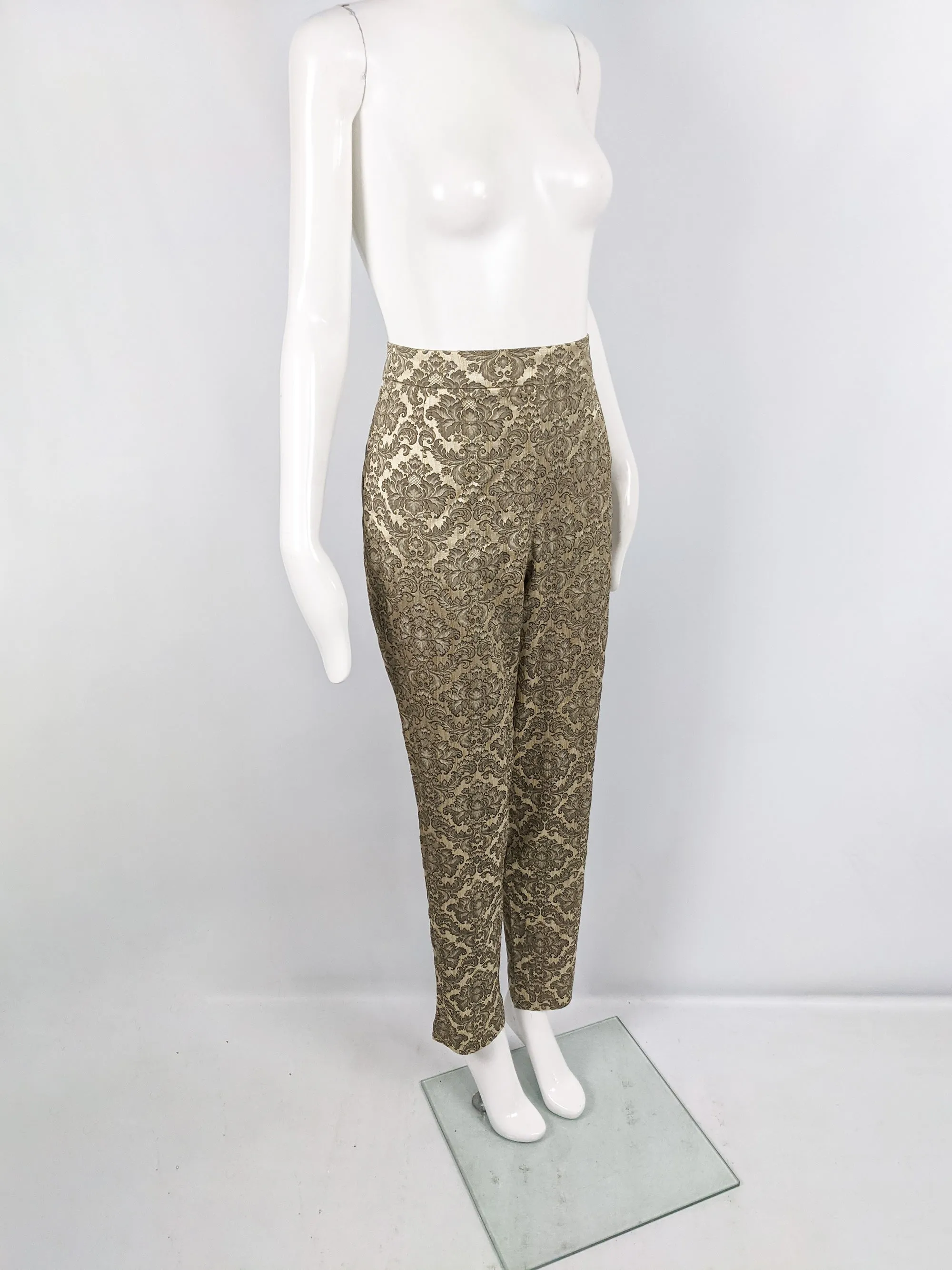 Vintage Gold Damask Satin Jacquard Cigarette Trousers, 1980s