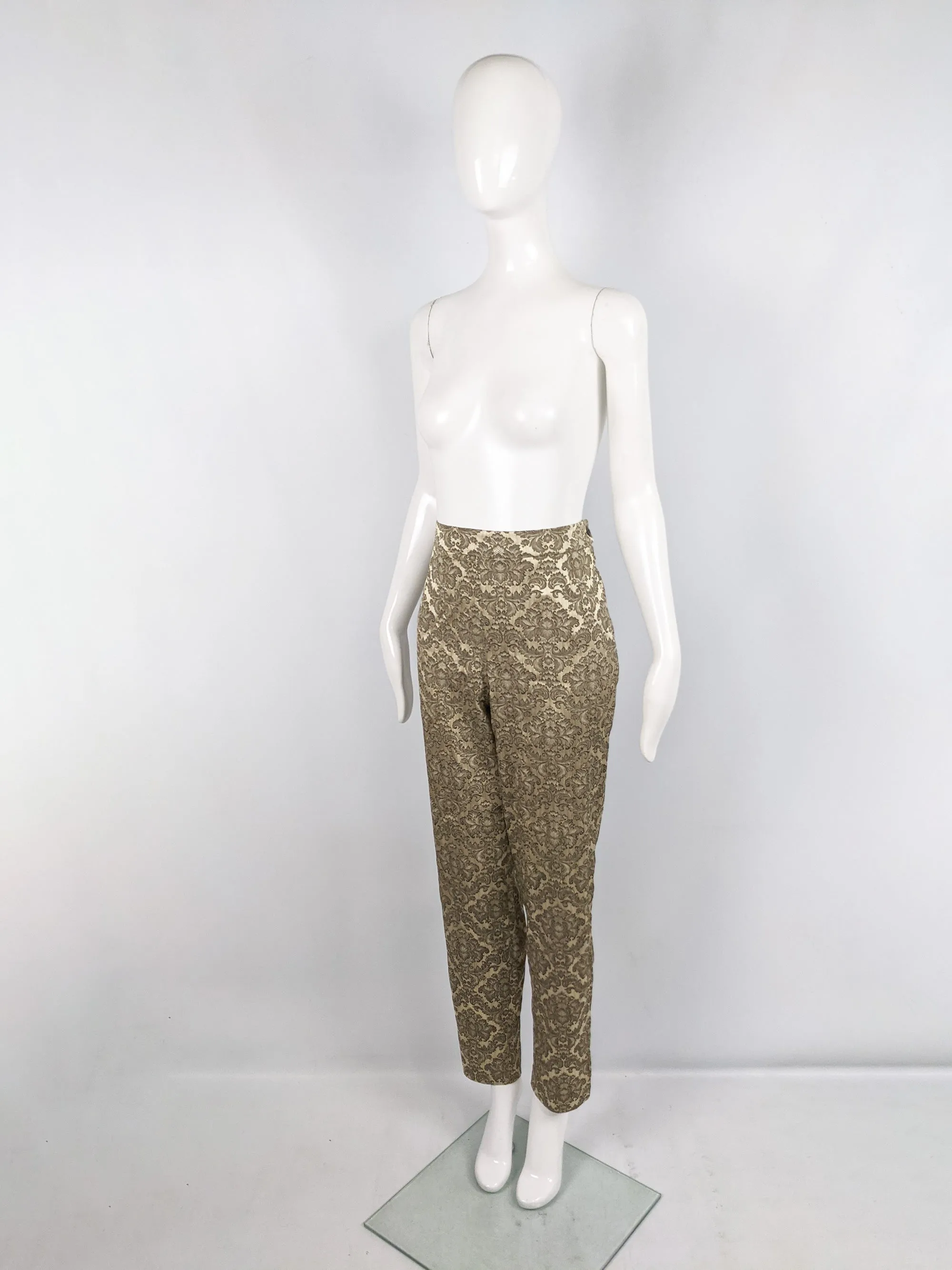 Vintage Gold Damask Satin Jacquard Cigarette Trousers, 1980s