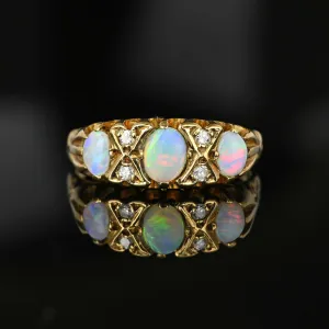 Vintage Gold Diamond and Opal Three Stone Ring Band