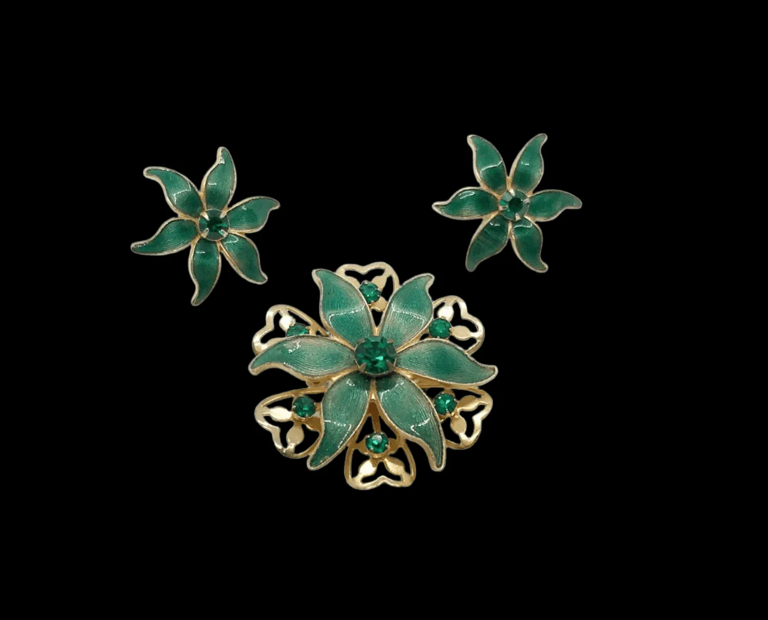 Vintage Green Enamel and Rhinestone Floral Brooch and Earrings