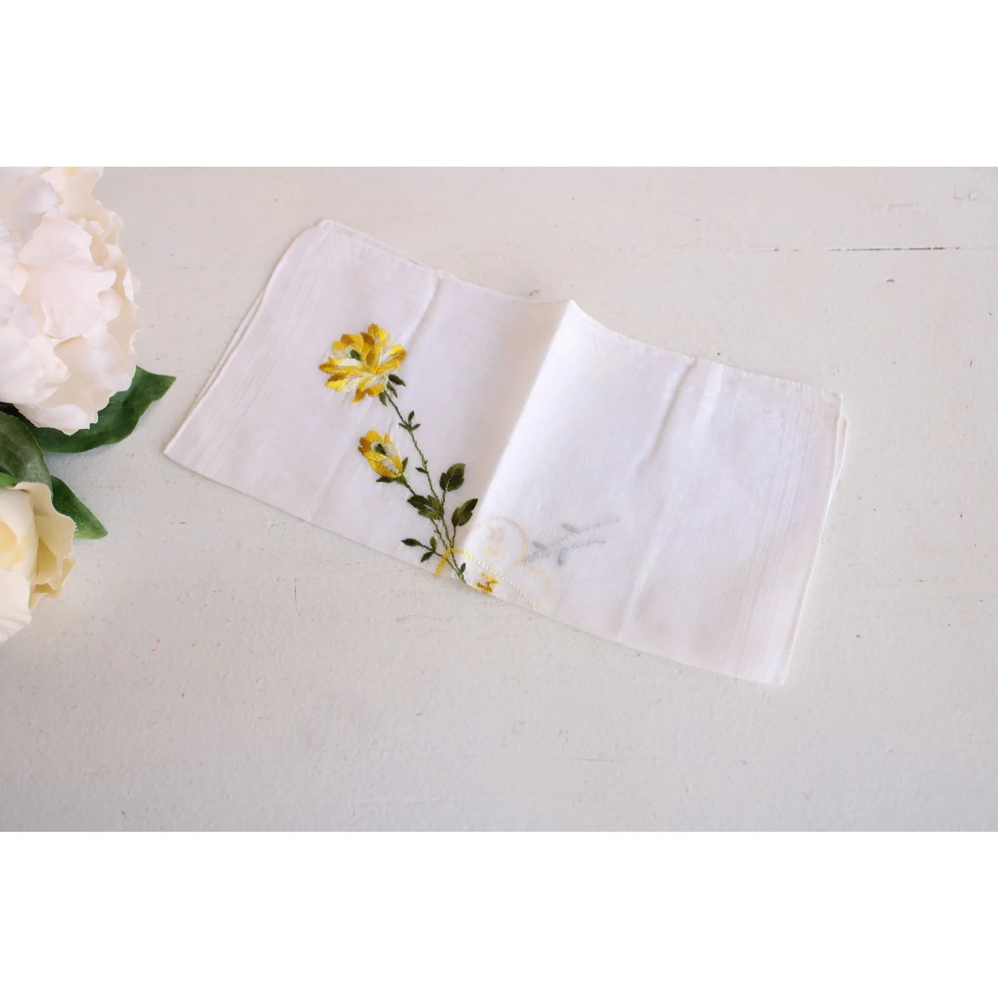 Vintage Handkerchief, Embroidered with "Mother" and Yellow Roses