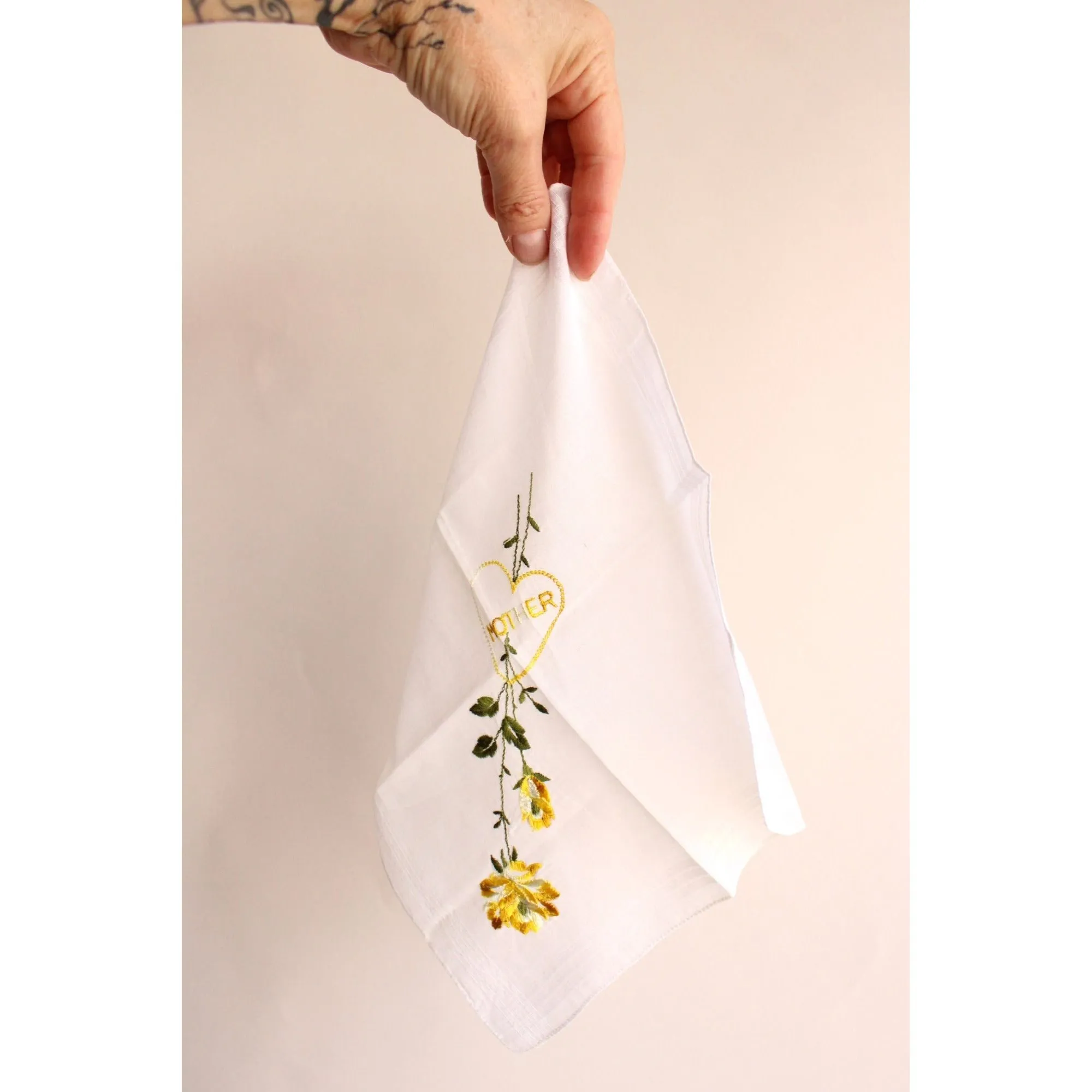 Vintage Handkerchief, Embroidered with "Mother" and Yellow Roses