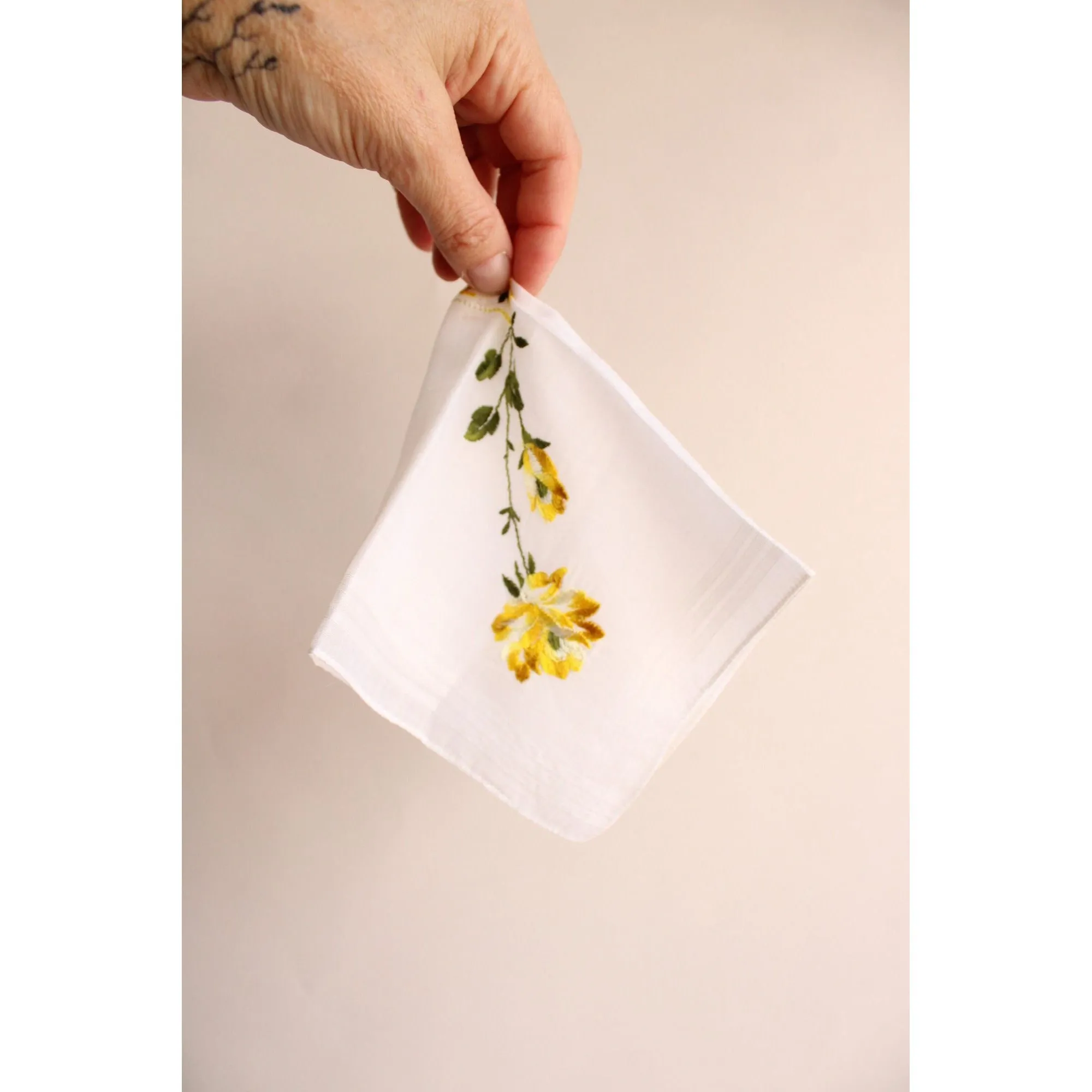 Vintage Handkerchief, Embroidered with "Mother" and Yellow Roses