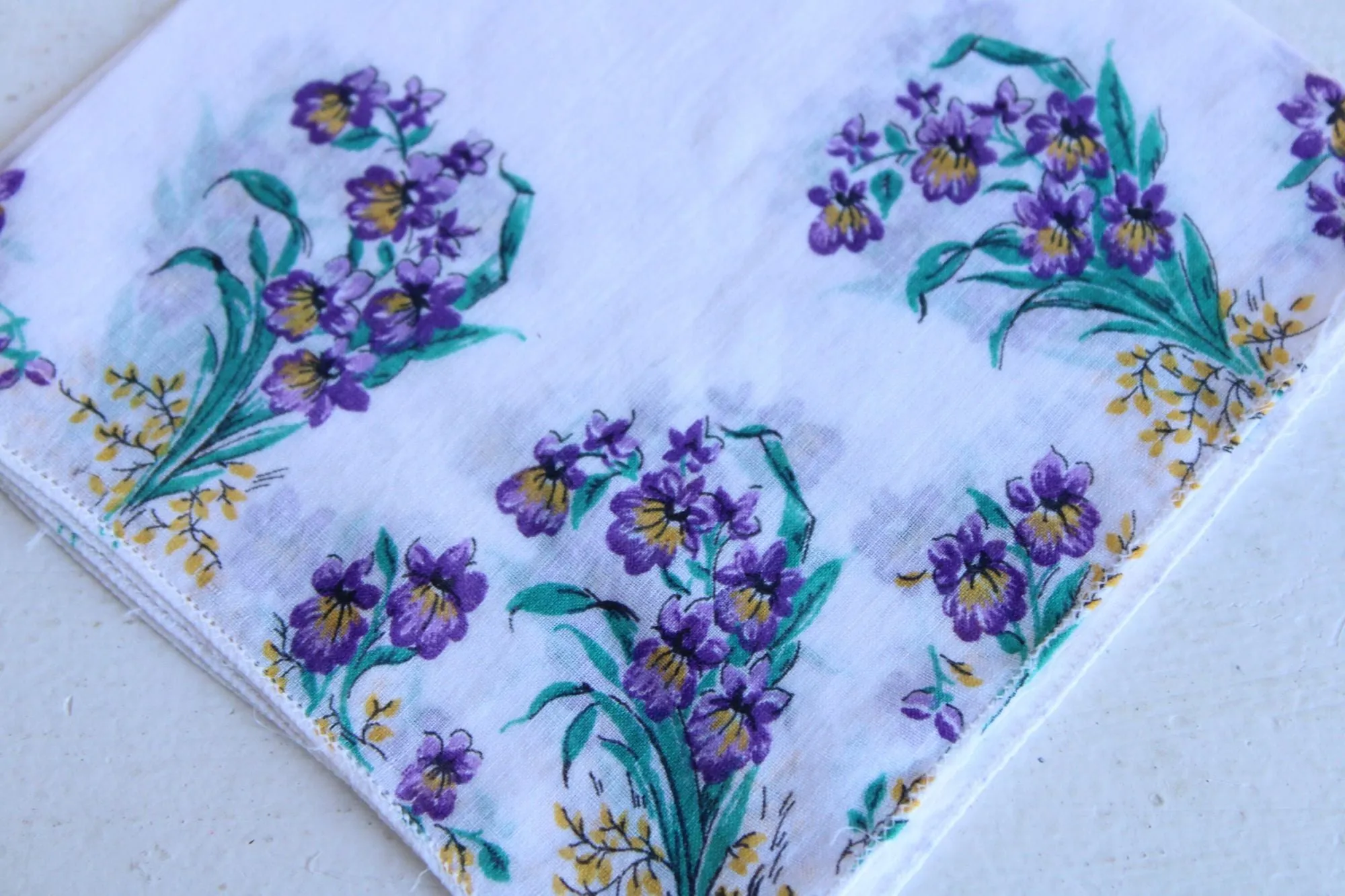 Vintage Handkerchief, Purple Floral Print on White Cotton Hankie