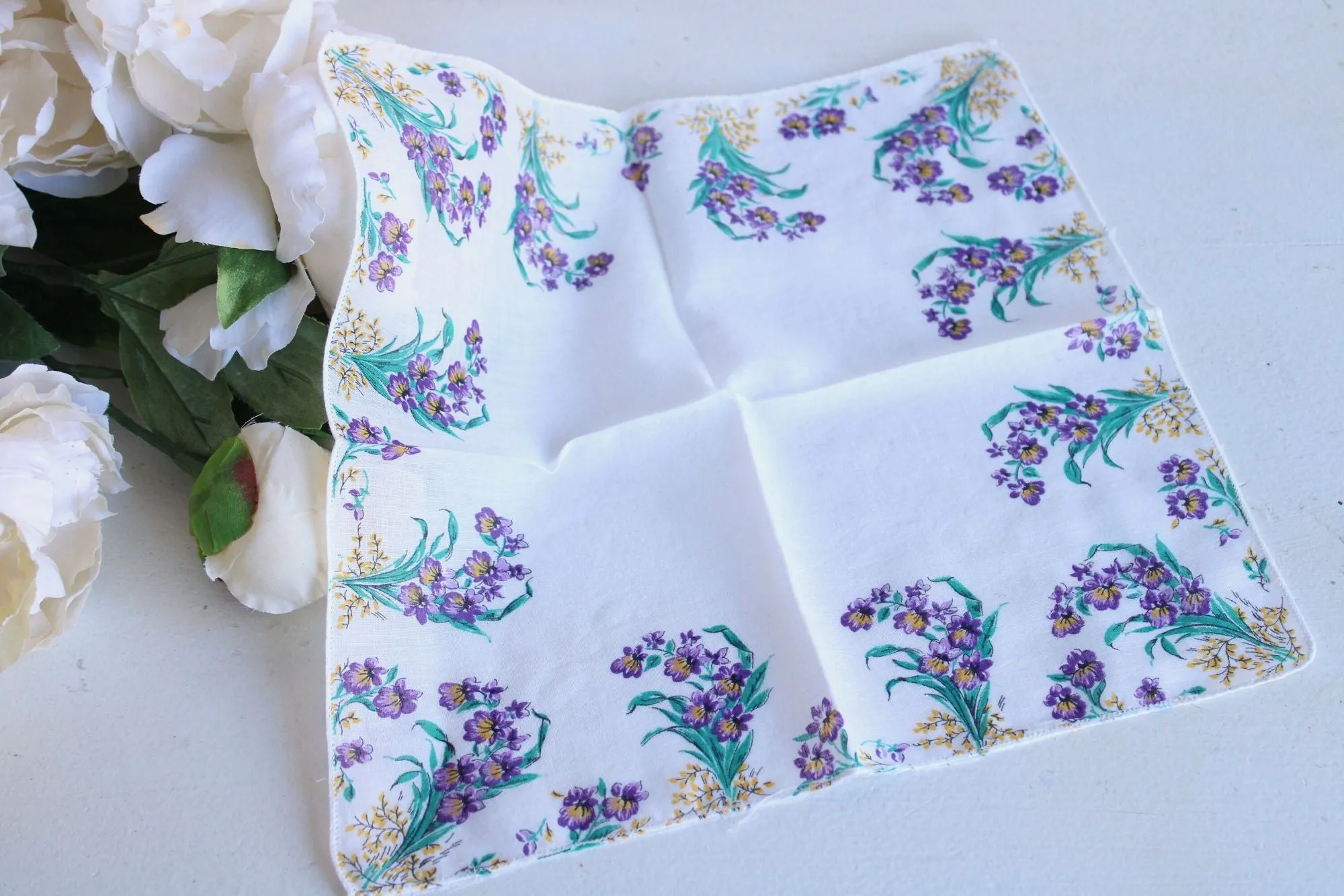 Vintage Handkerchief, Purple Floral Print on White Cotton Hankie