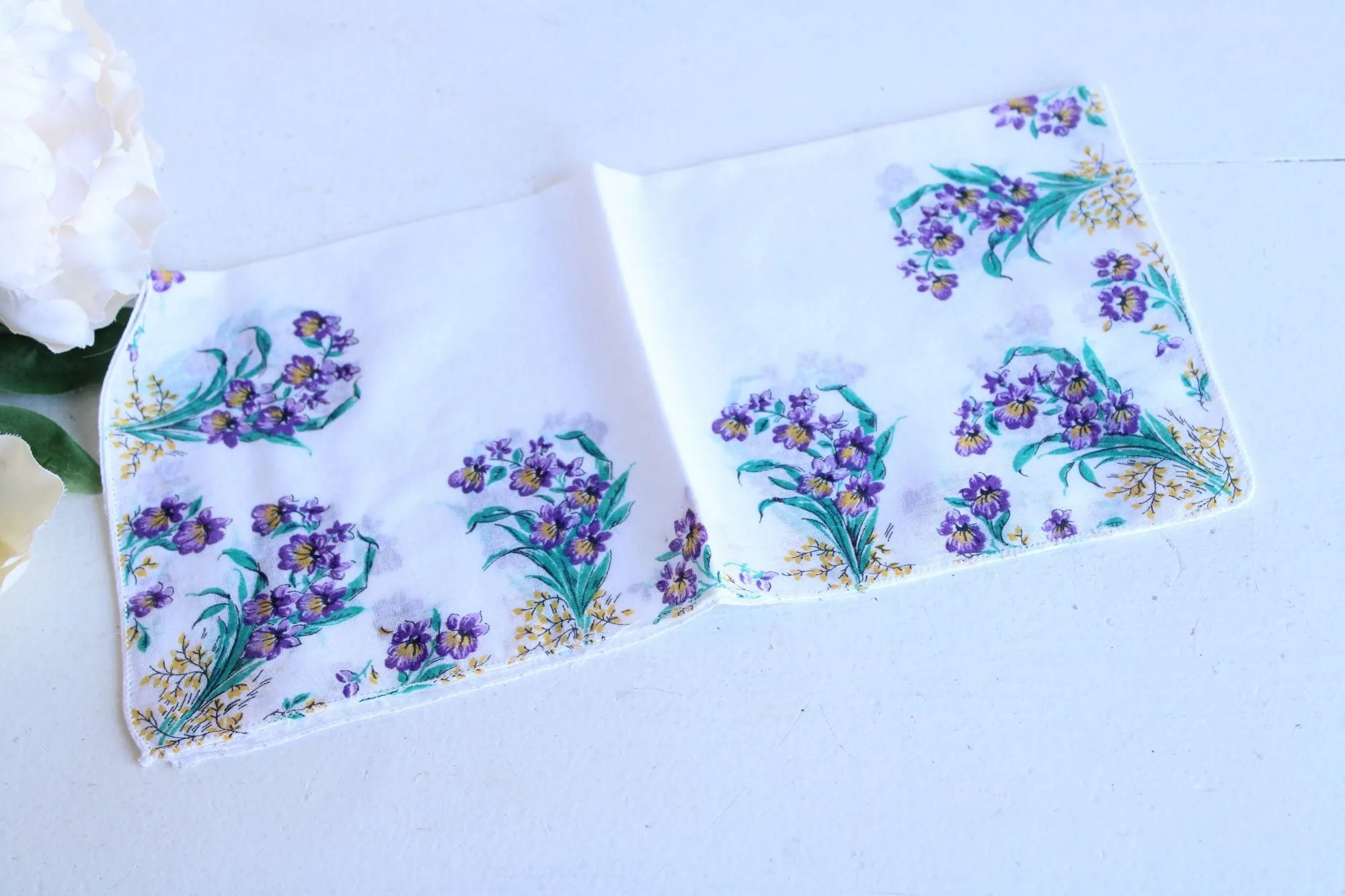 Vintage Handkerchief, Purple Floral Print on White Cotton Hankie