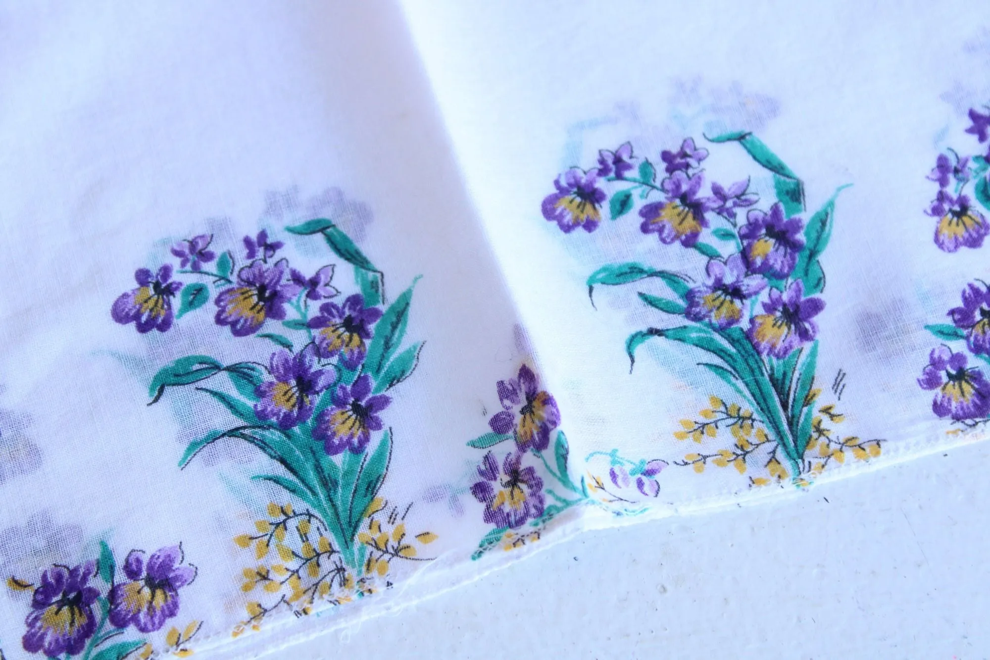 Vintage Handkerchief, Purple Floral Print on White Cotton Hankie