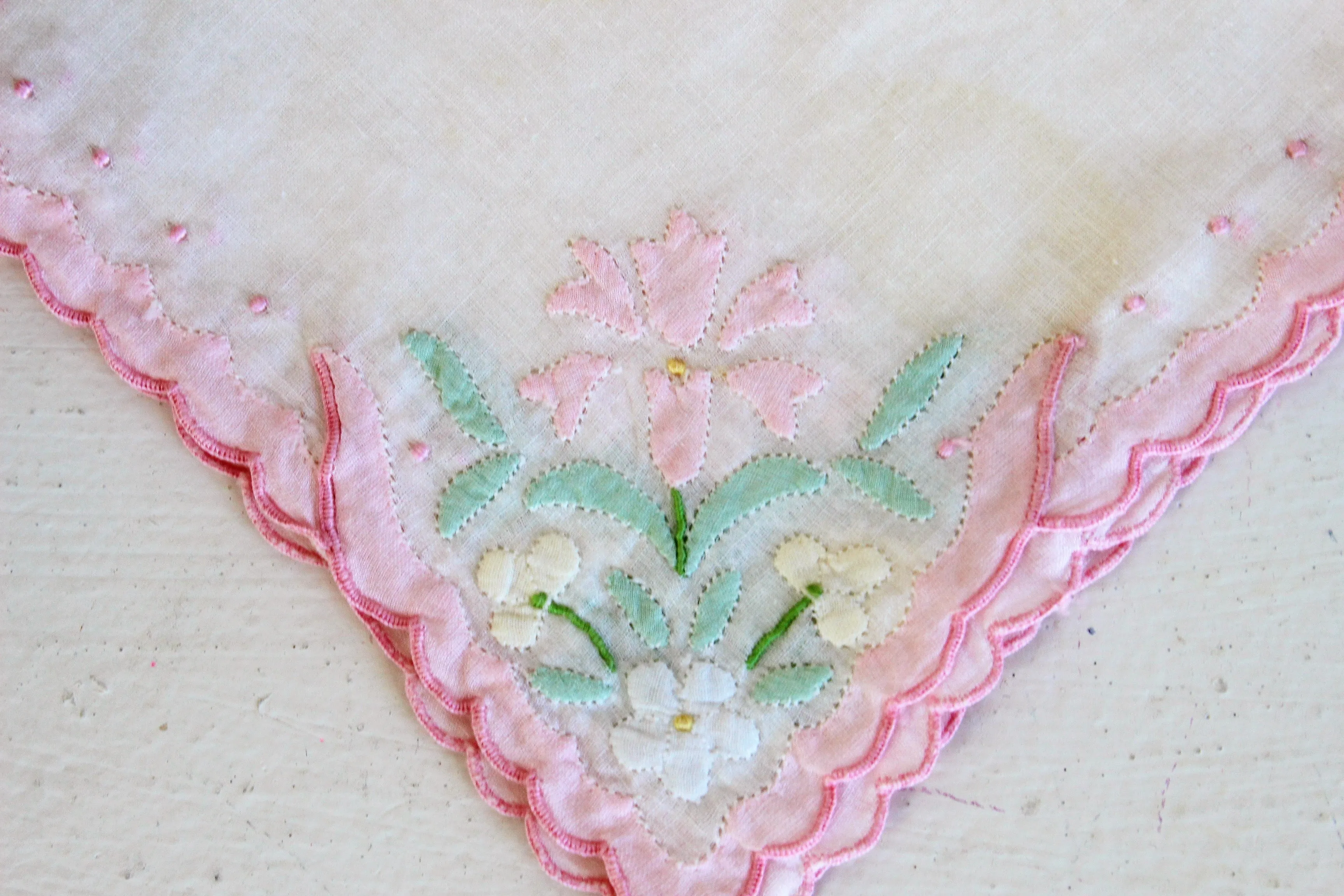 Vintage Handkerchief / White Cotton With Pink and Green Cutwork Flowers