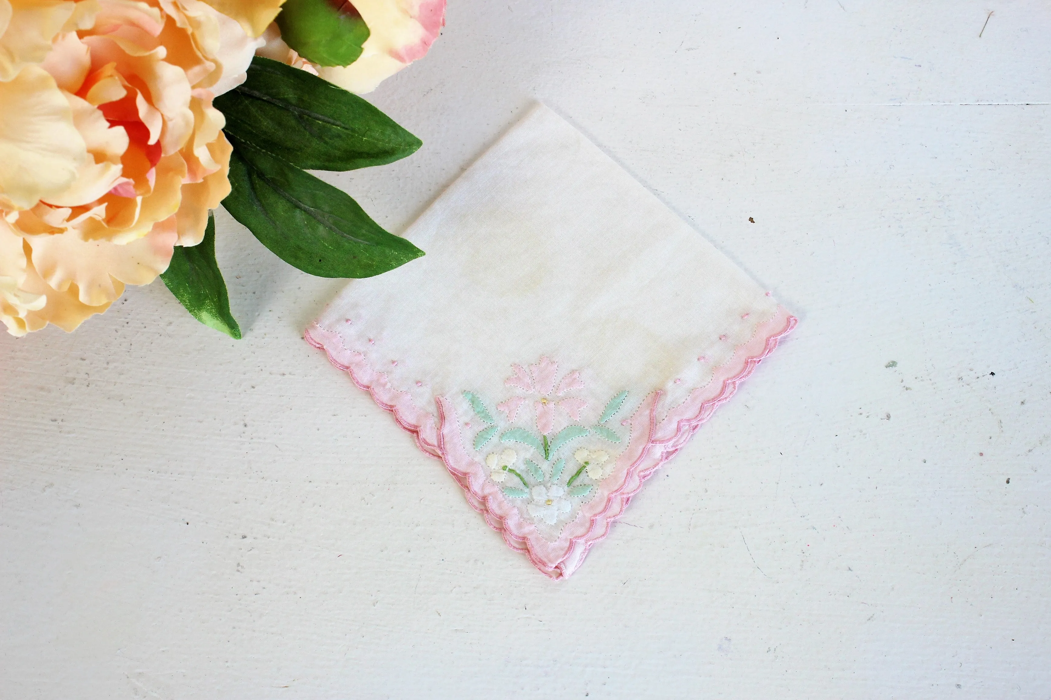 Vintage Handkerchief / White Cotton With Pink and Green Cutwork Flowers