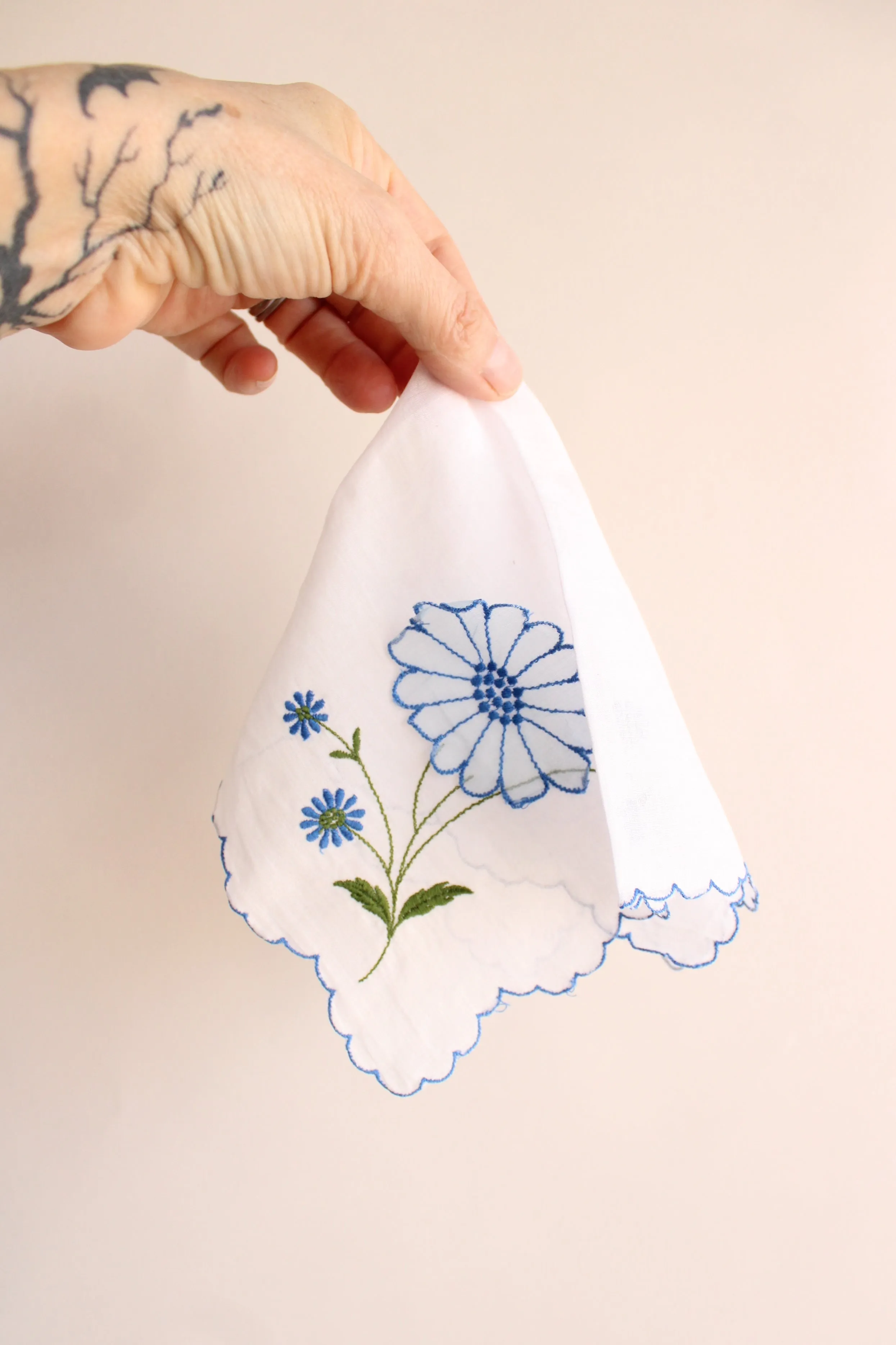 Vintage Hankie with Blue Flower Embroidery and Applique