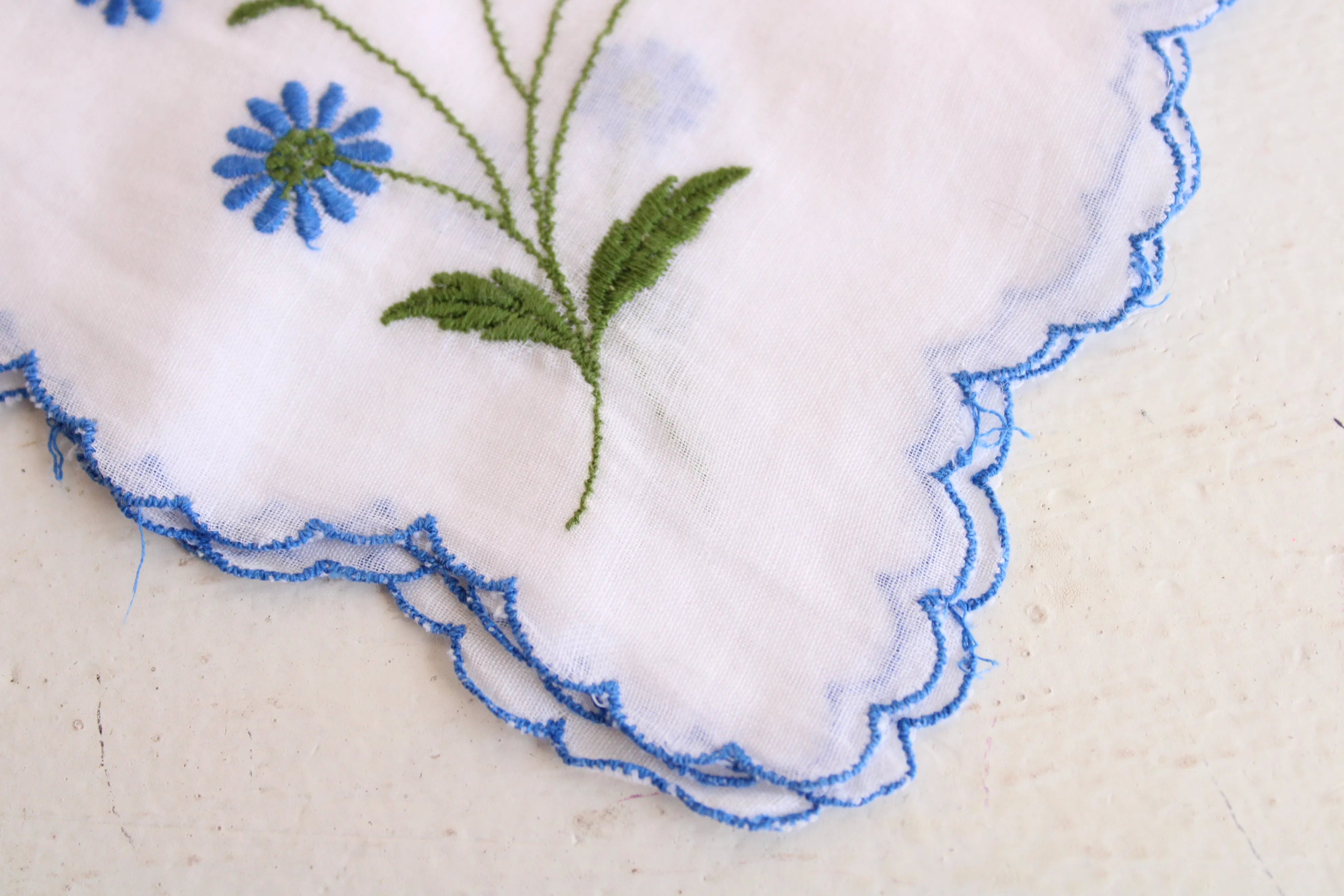 Vintage Hankie with Blue Flower Embroidery and Applique