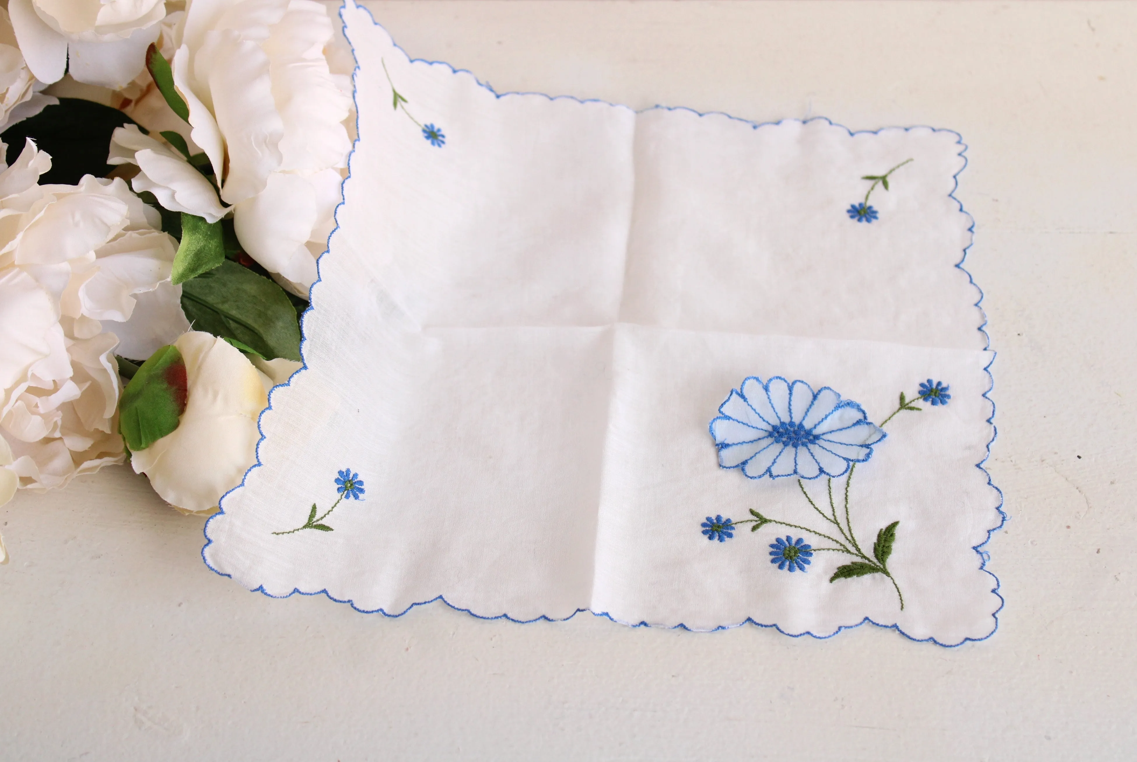 Vintage Hankie with Blue Flower Embroidery and Applique