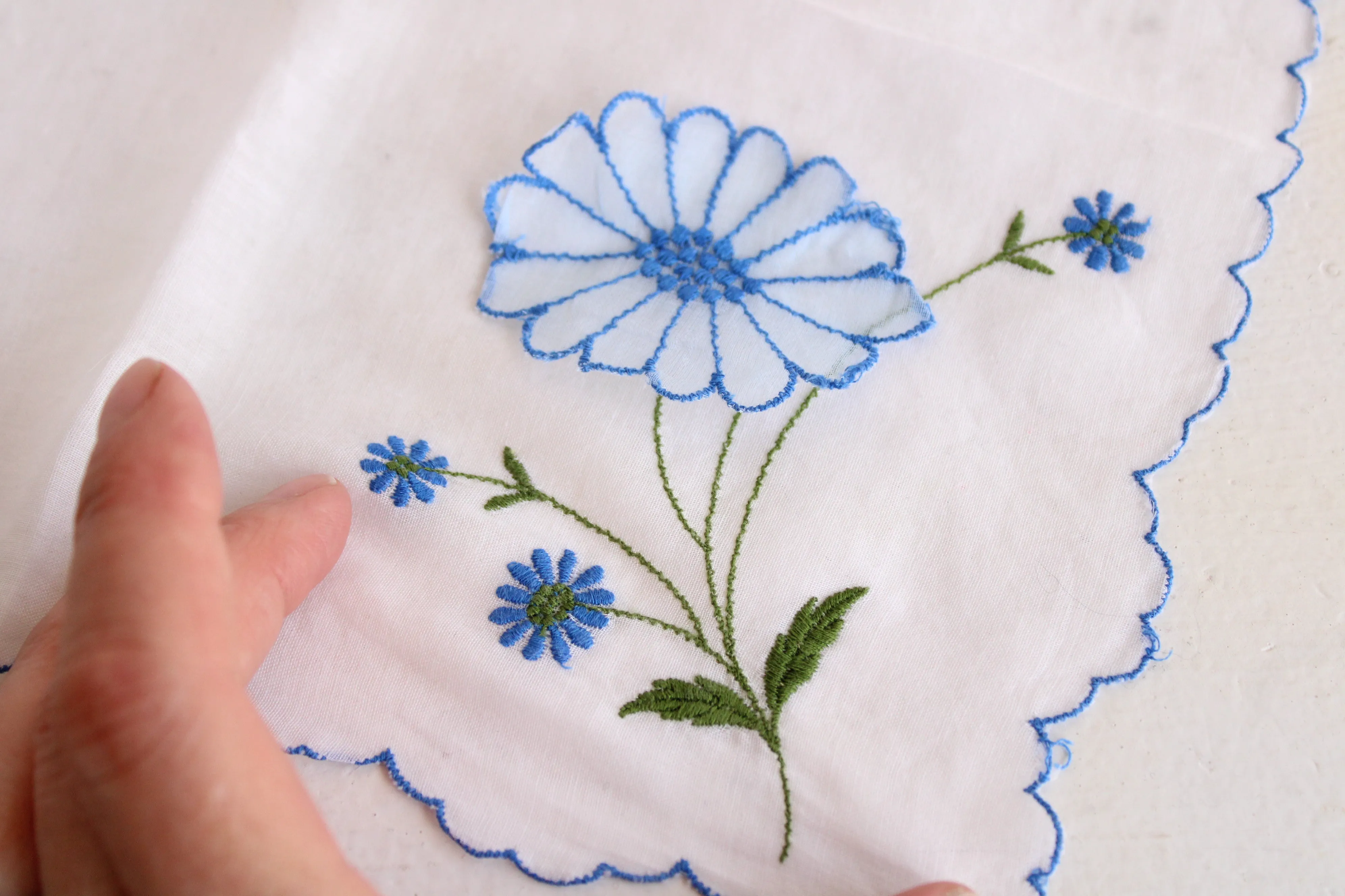 Vintage Hankie with Blue Flower Embroidery and Applique