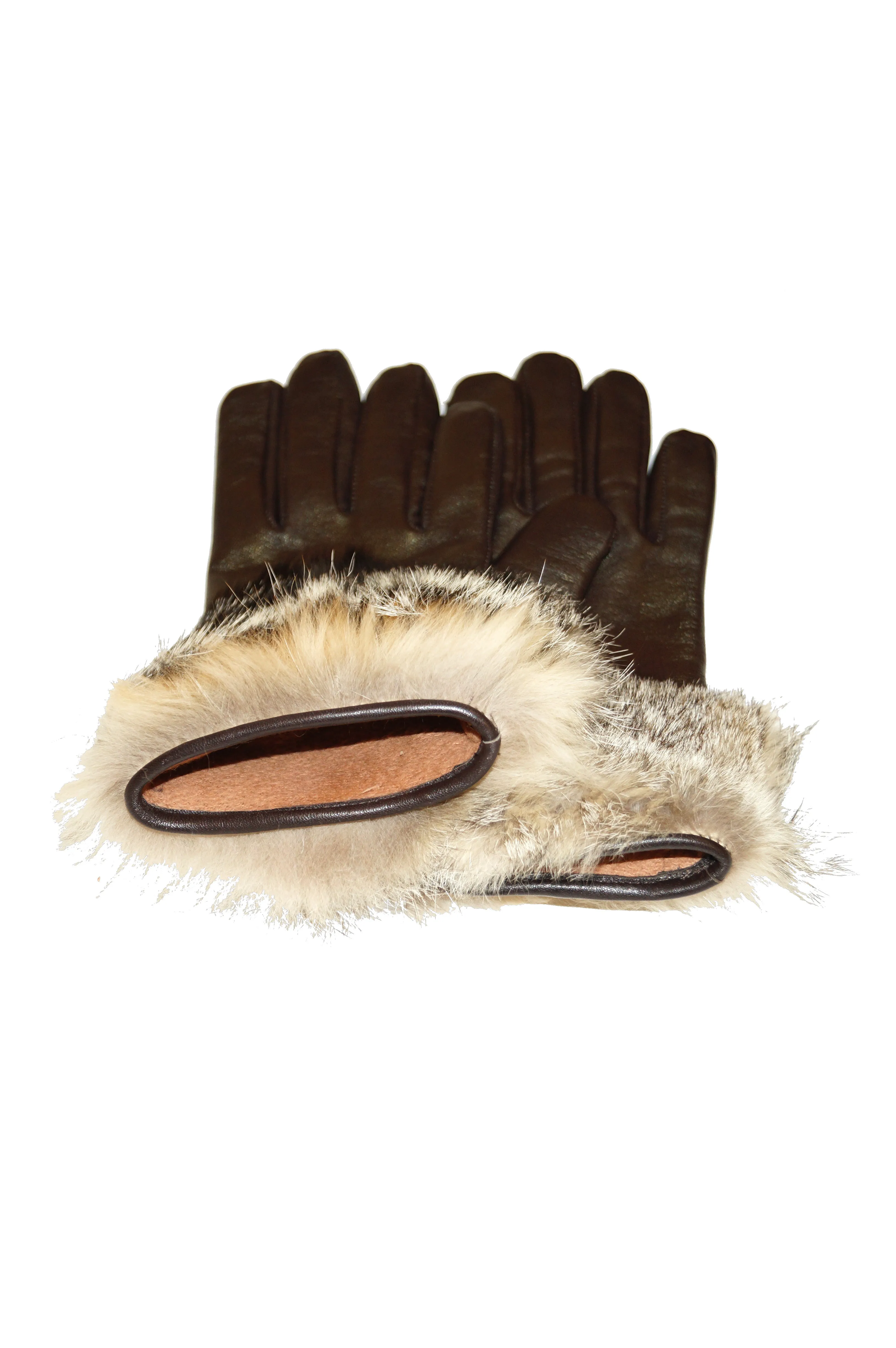 Vintage Italian Brown Leather Gloves with Fur Cuffs