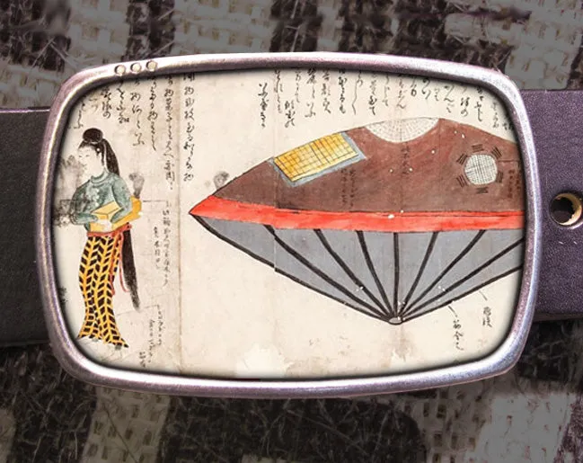 Vintage Japanese UFO Belt Buckle - Antique Alien Spacecraft Illustration - Space Lover Gift