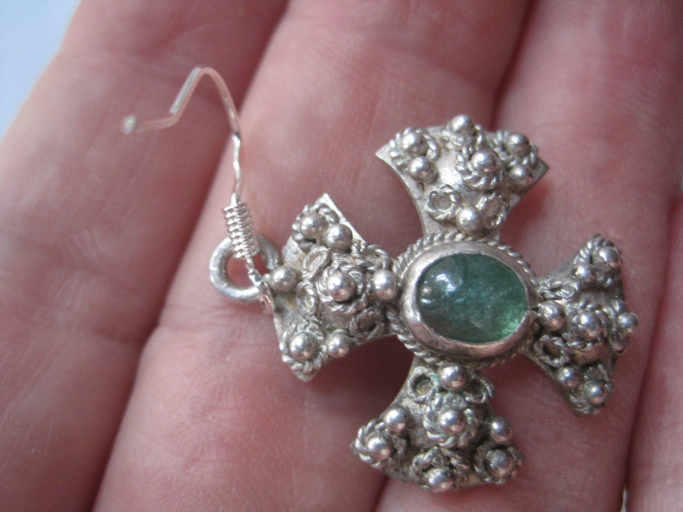 Vintage Jerusalem Cross Silver and Green Stone Earrings