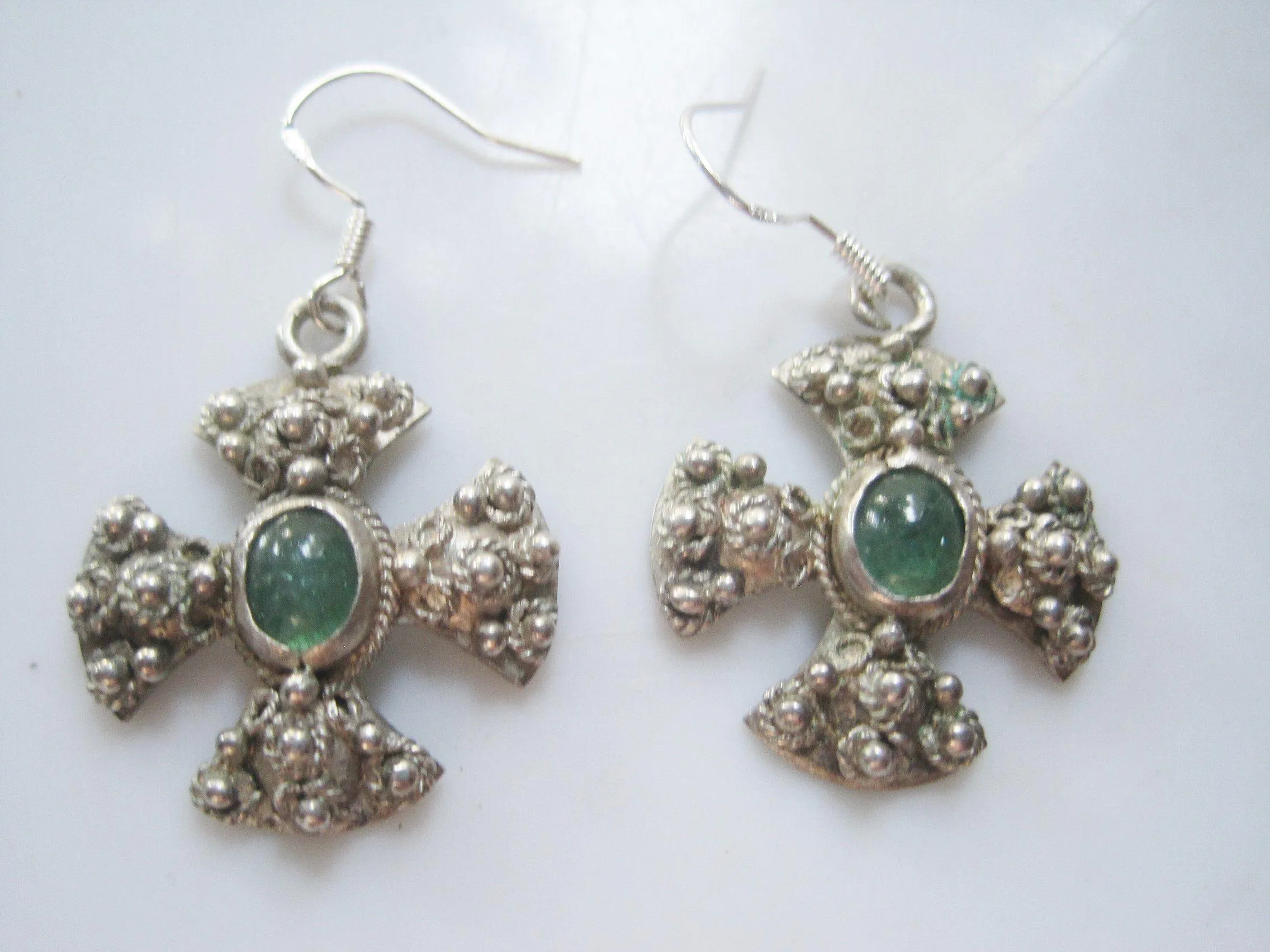 Vintage Jerusalem Cross Silver and Green Stone Earrings