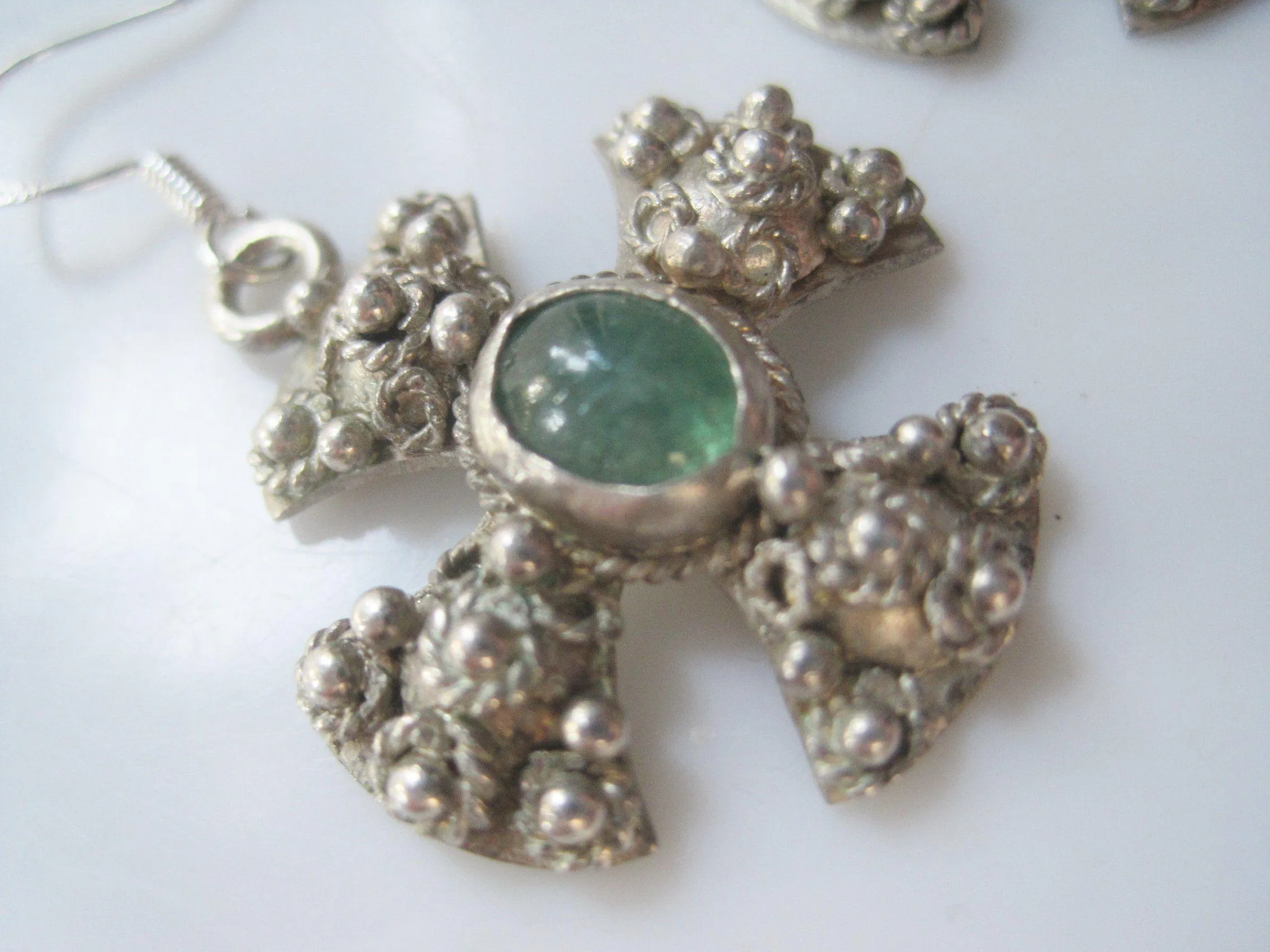 Vintage Jerusalem Cross Silver and Green Stone Earrings