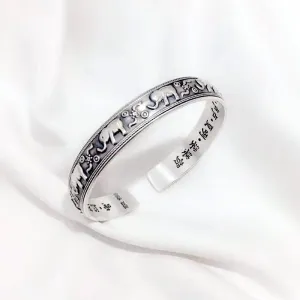 Vintage Jewelry Elephant Bangle Bracelet Carved Scriptures  in 925 Sterling Silver