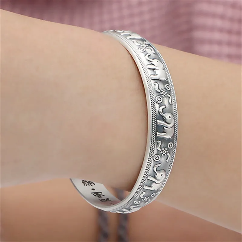 Vintage Jewelry Elephant Bangle Bracelet Carved Scriptures  in 925 Sterling Silver