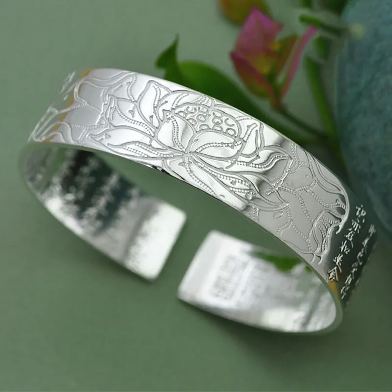 Vintage Jewelry Sutra Cuff Bangle Bracelet for Women in 925 Sterling Silver