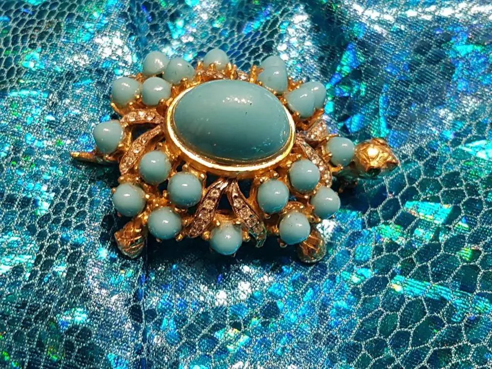 Vintage Kenneth Jay Lane Turtle Brooch Turquoise Gold Crystal