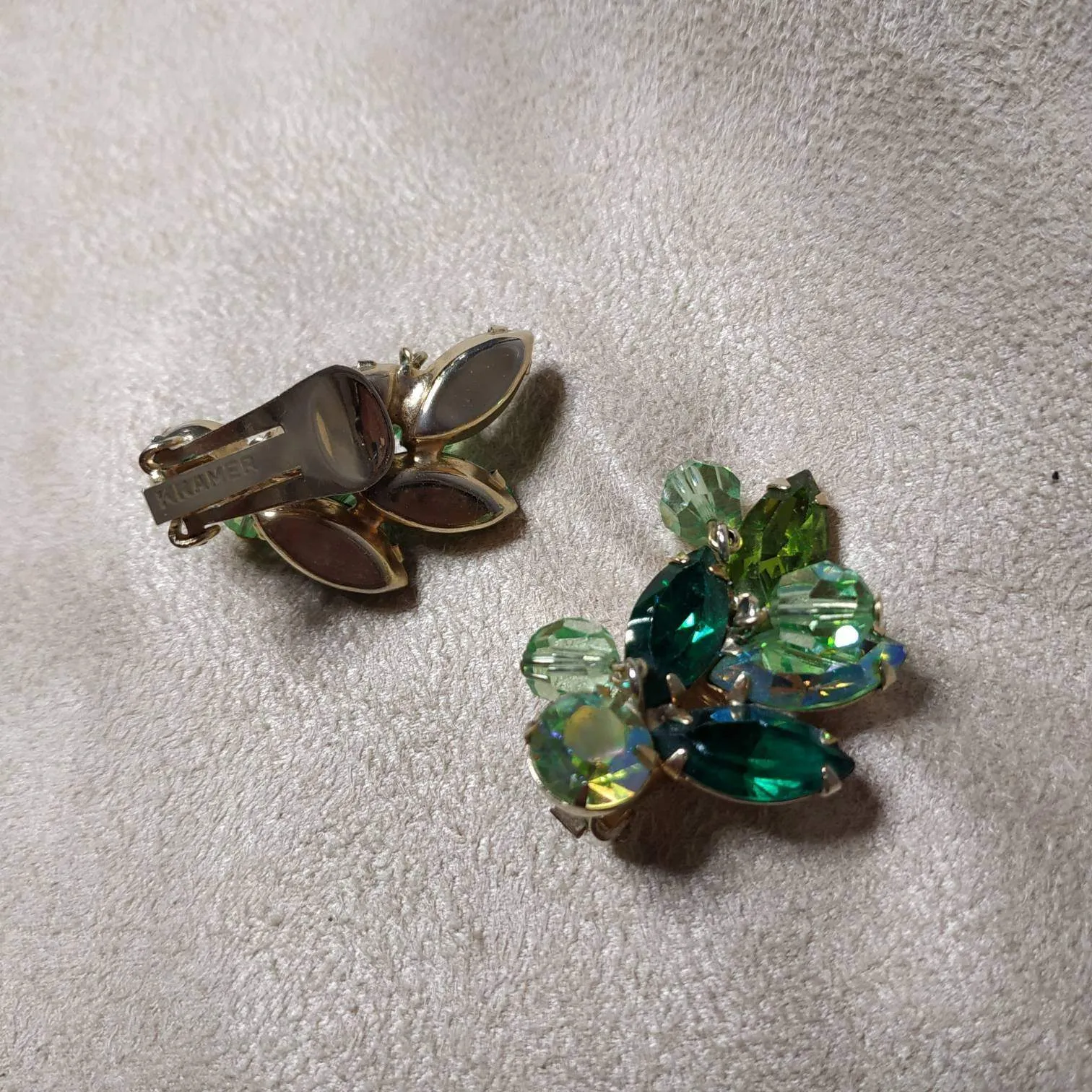 Vintage Kramer Earrings Green Crystal Clip On