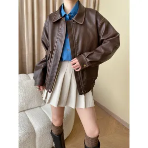 Vintage Loose Leather Jacket Coat (MS061)