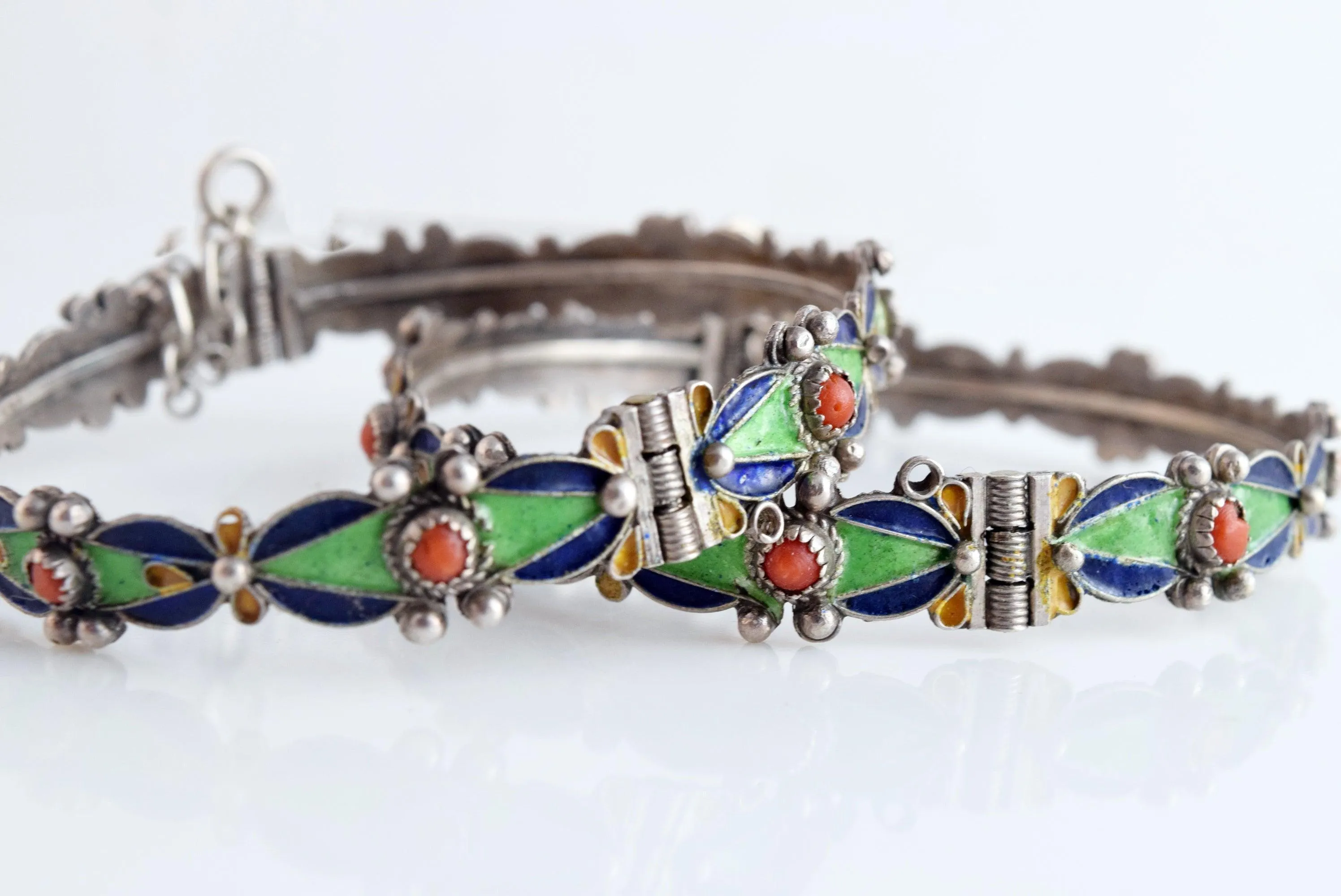 Vintage Matching Pair of Kabyle Silver and Enamel Berber Bracelets