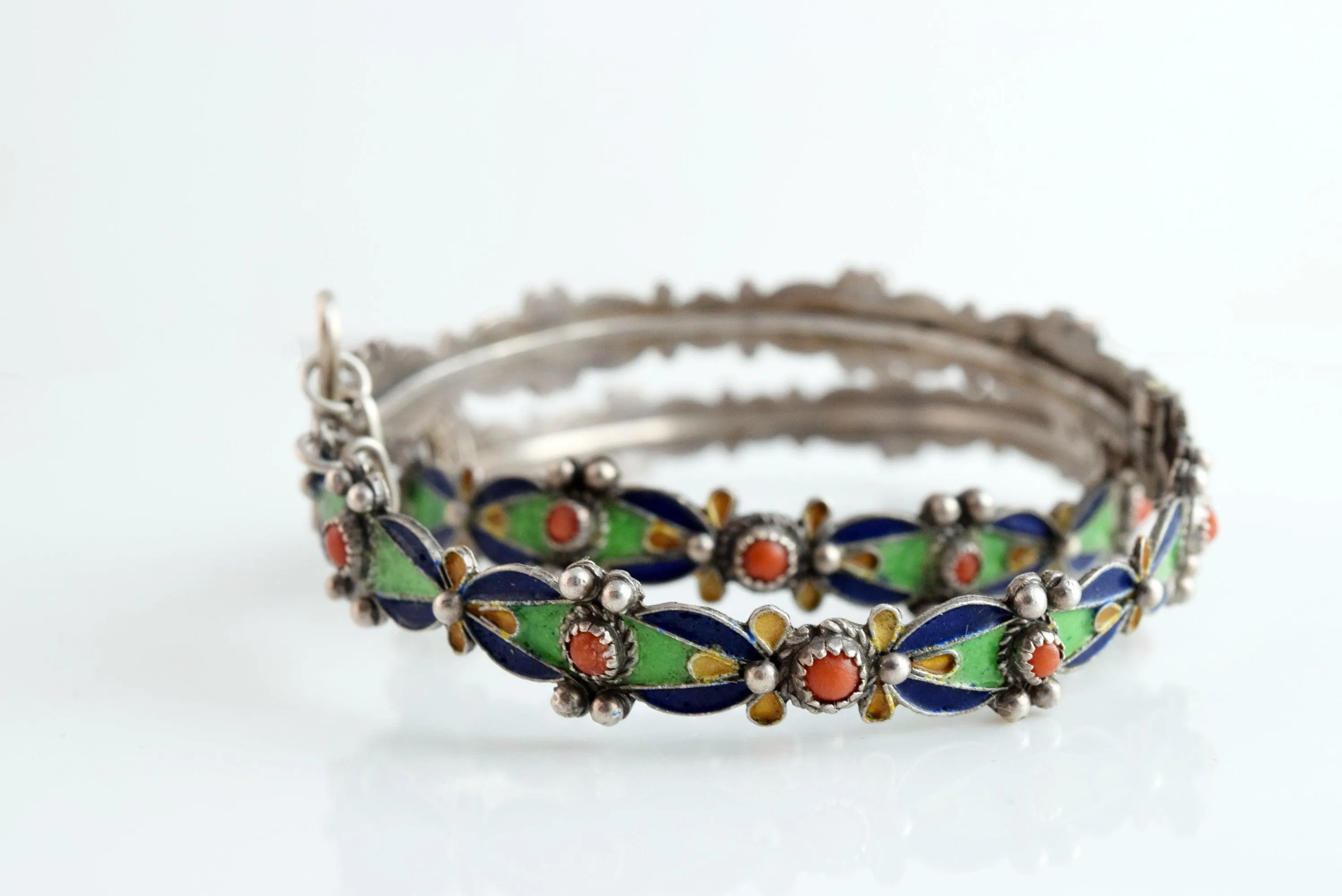 Vintage Matching Pair of Kabyle Silver and Enamel Berber Bracelets