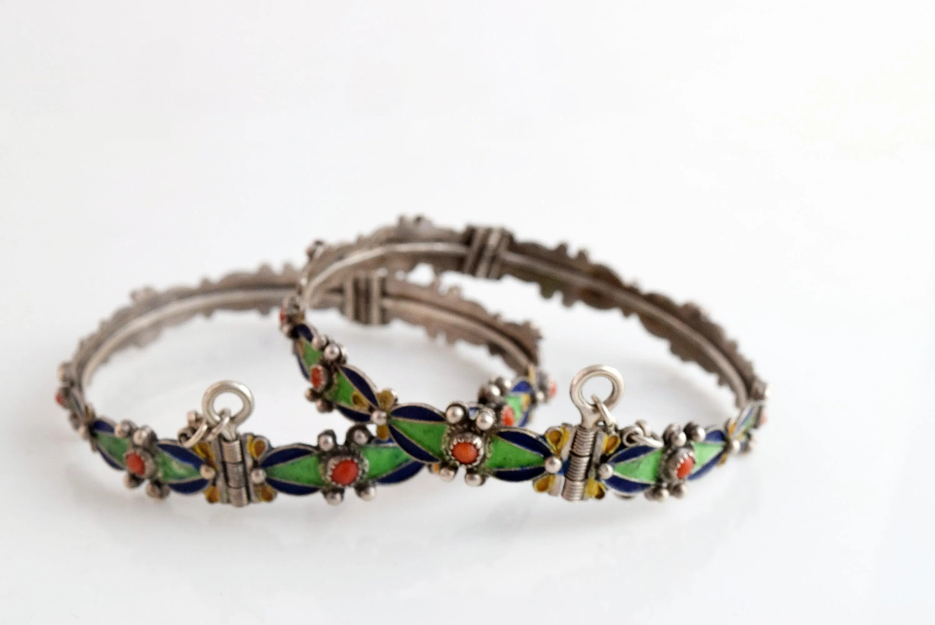 Vintage Matching Pair of Kabyle Silver and Enamel Berber Bracelets