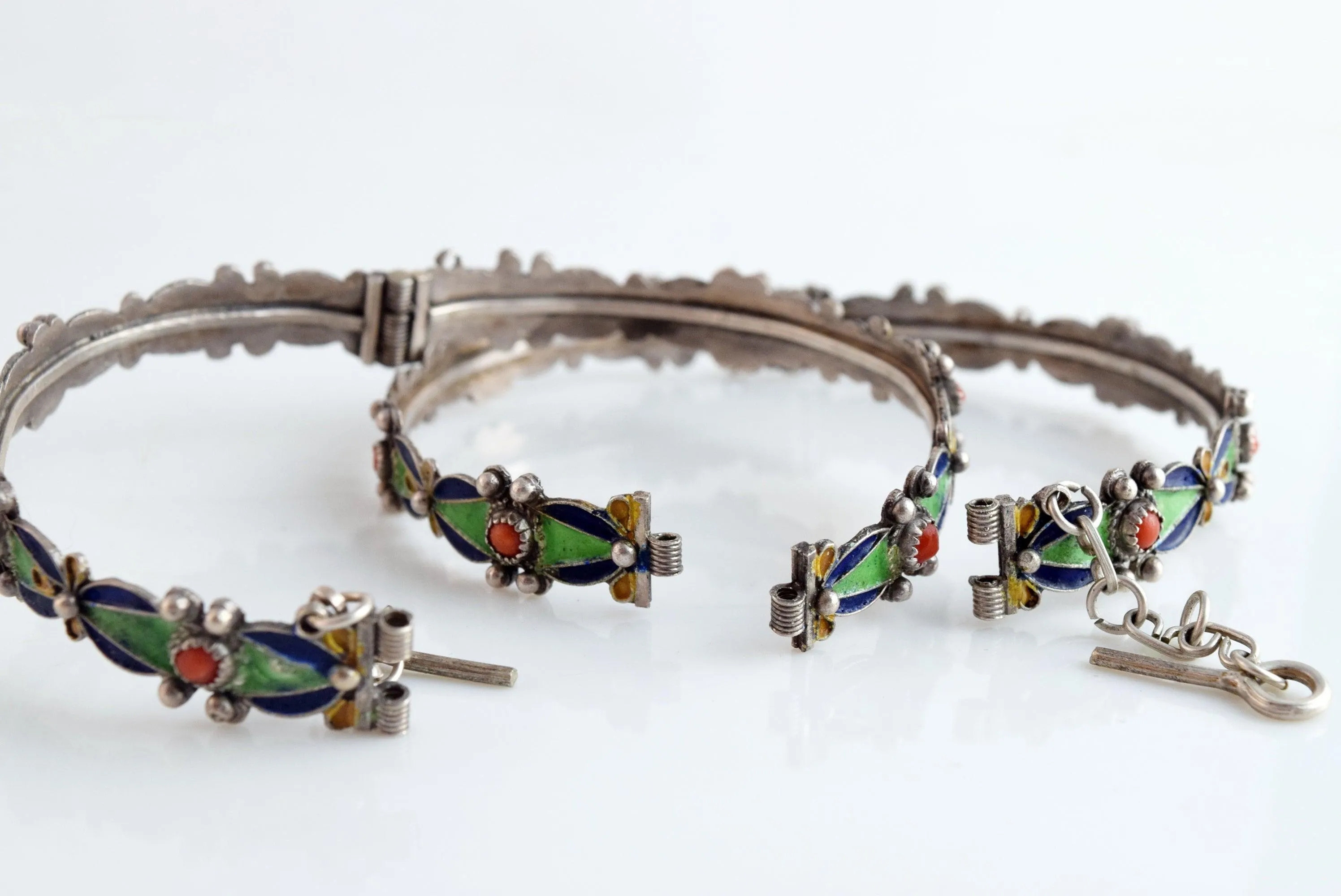 Vintage Matching Pair of Kabyle Silver and Enamel Berber Bracelets