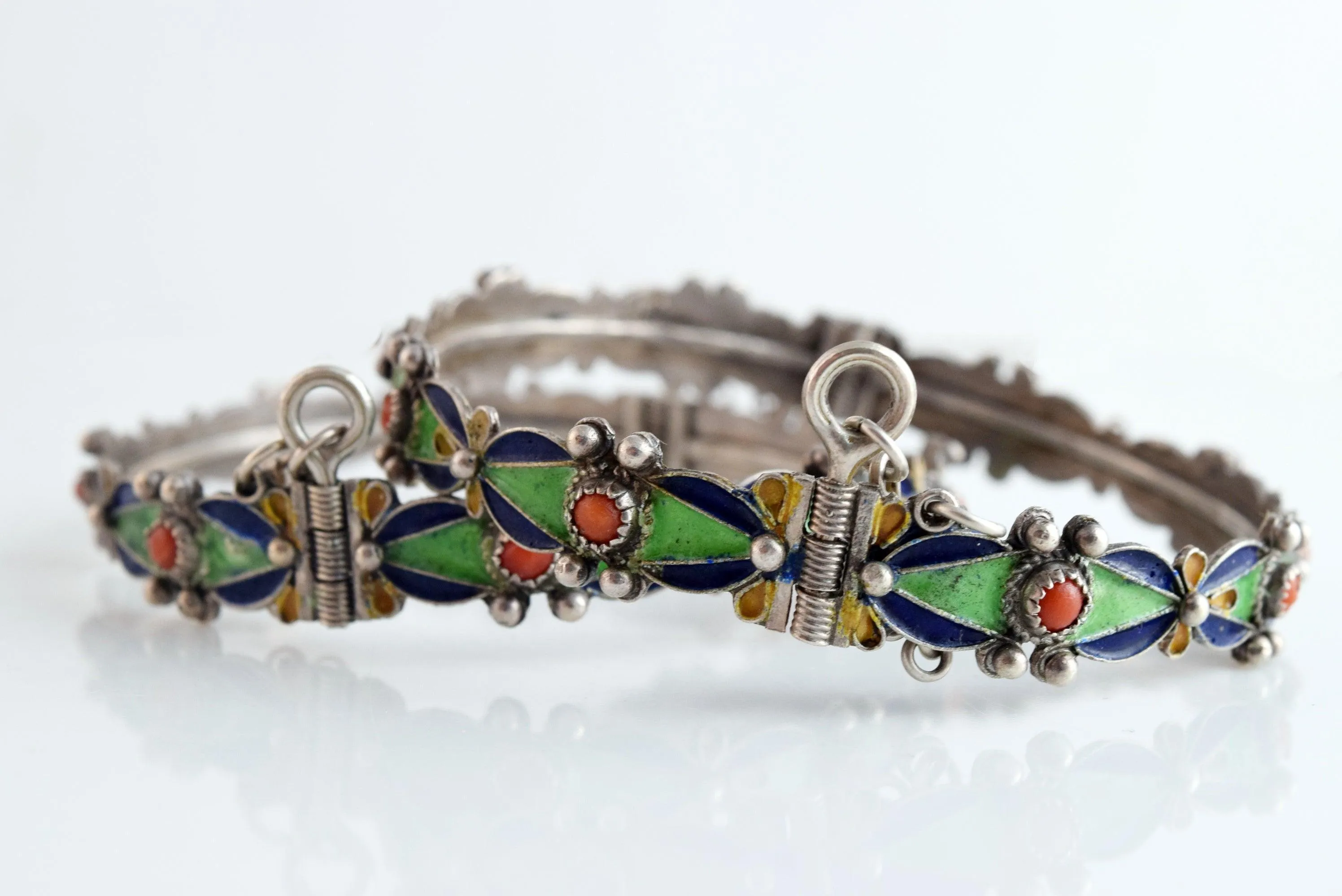 Vintage Matching Pair of Kabyle Silver and Enamel Berber Bracelets