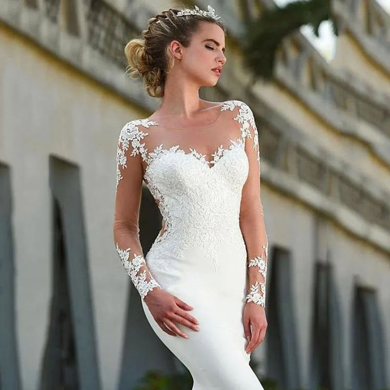 Vintage Mermaid Wedding Dress Scoop-Neck Full Sleeves Wedding Gowns Zipper Back Lace Satin Bride Dress