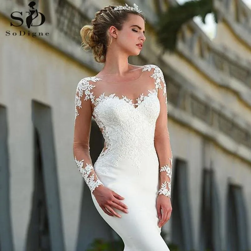 Vintage Mermaid Wedding Dress Scoop-Neck Full Sleeves Wedding Gowns Zipper Back Lace Satin Bride Dress