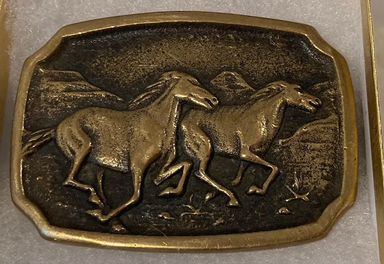 Vintage Metal Belt Buckle, Brass, BTS, Two Horses, Mustangs, Nice Design, 3 1/4" x 2 1/4", Heavy Duty, Quality, Thick Metal